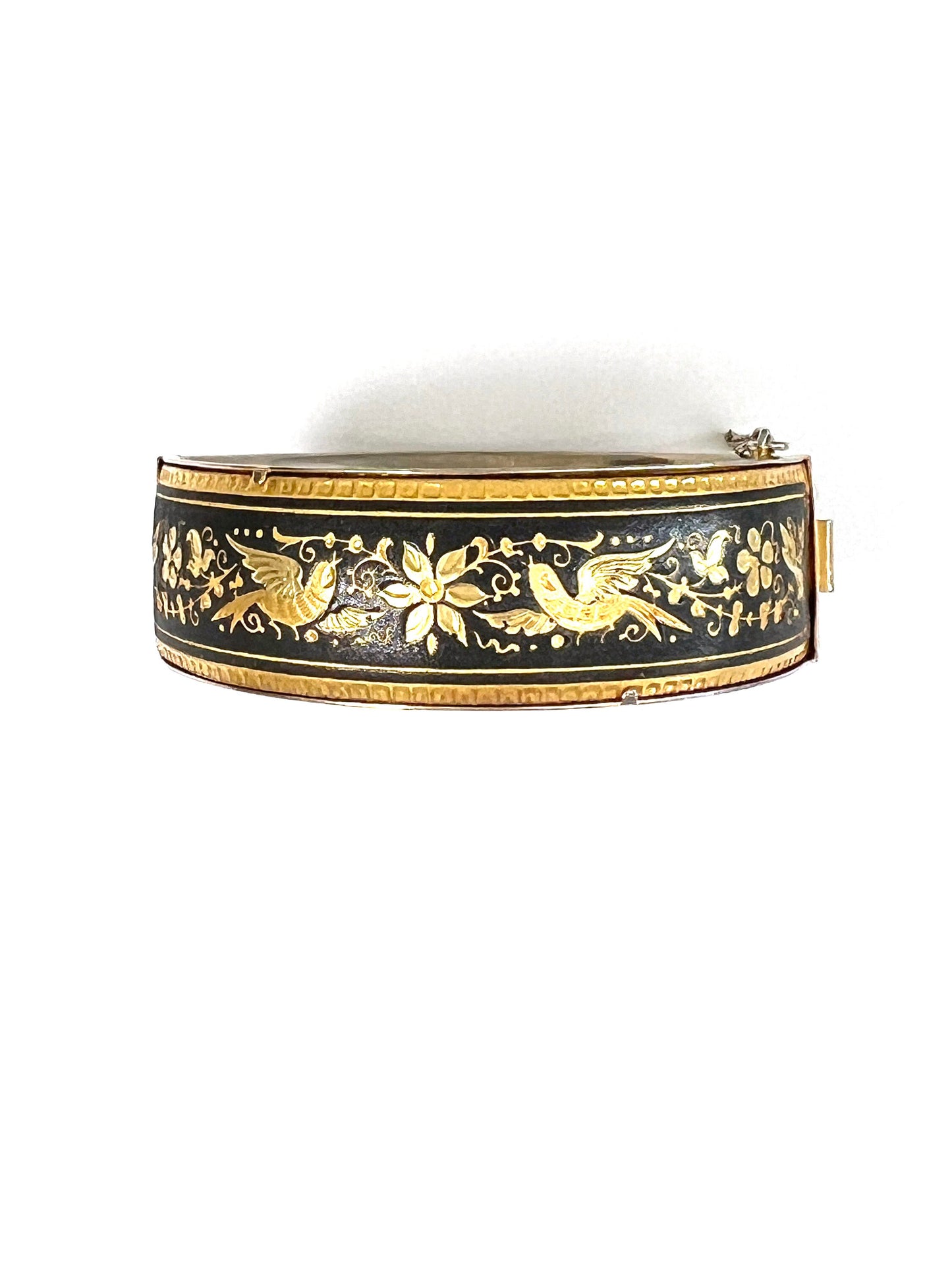 Vintage Damascene Hinged Bangle Bracelet with Security Chain, Circa 1970