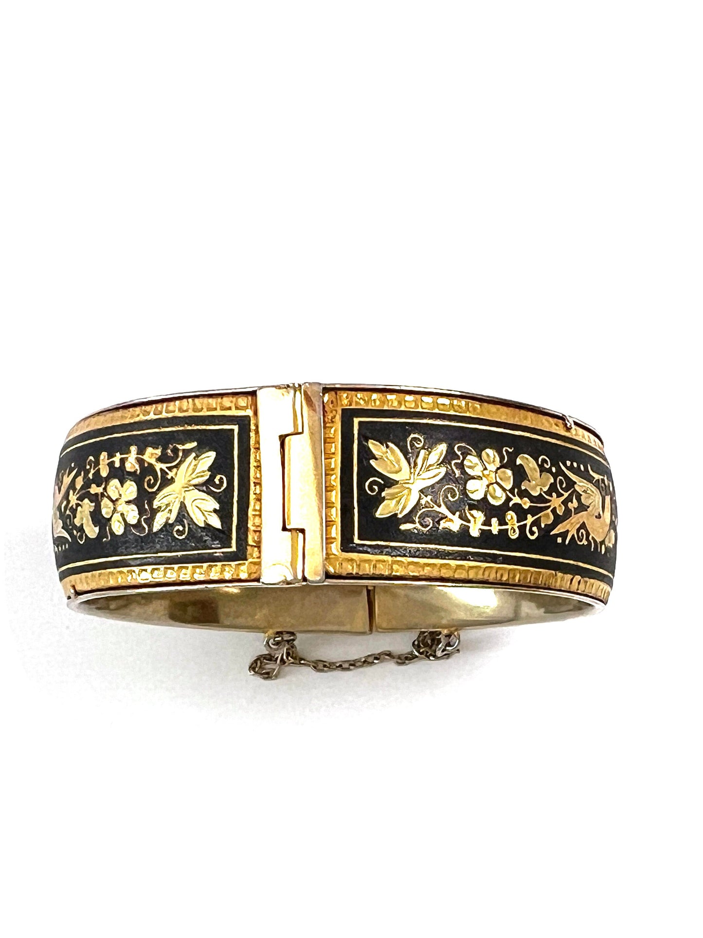 Vintage Damascene Hinged Bangle Bracelet with Security Chain, Circa 1970