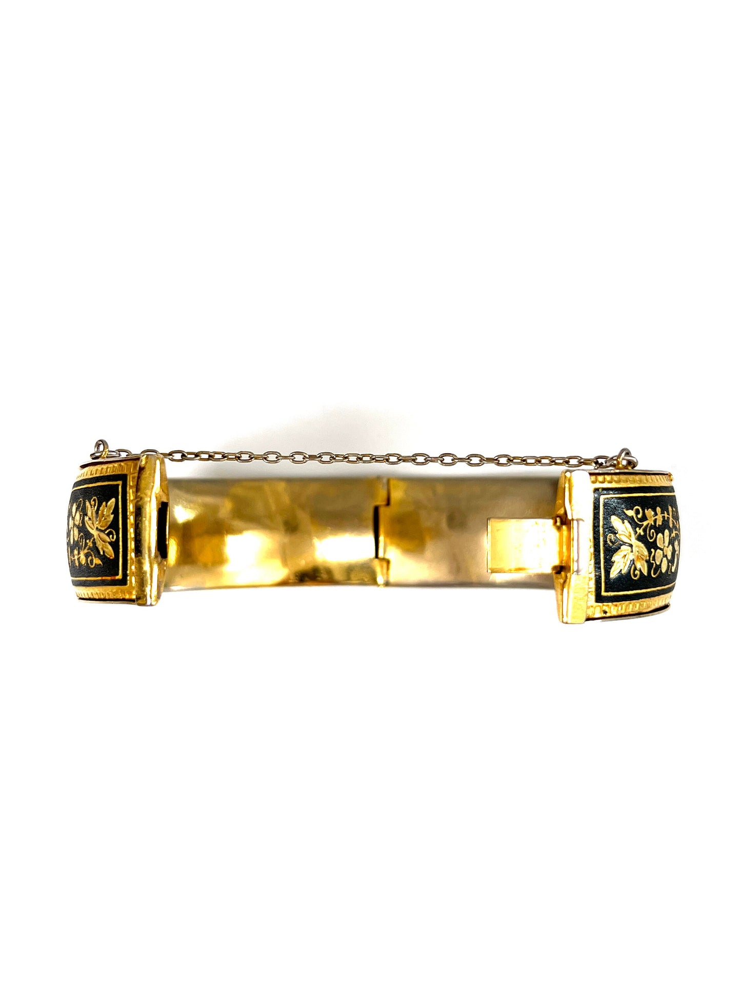 Vintage Damascene Hinged Bangle Bracelet with Security Chain, Circa 1970