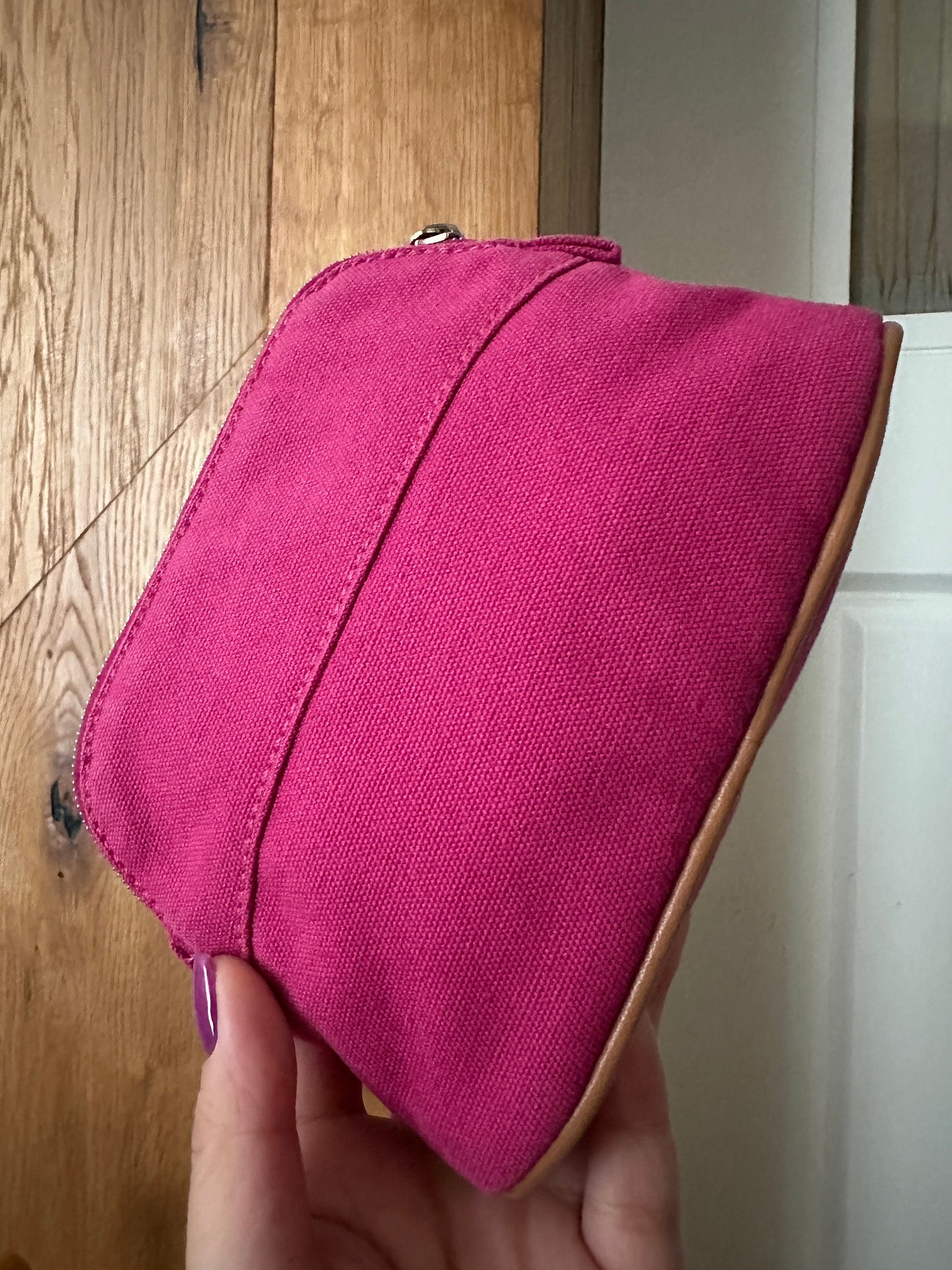 HERMES VINTAGE 100% Authentic Genuine Canvas Bolide Makeup Pouch Case Bag, Bright Pink, Great Condition