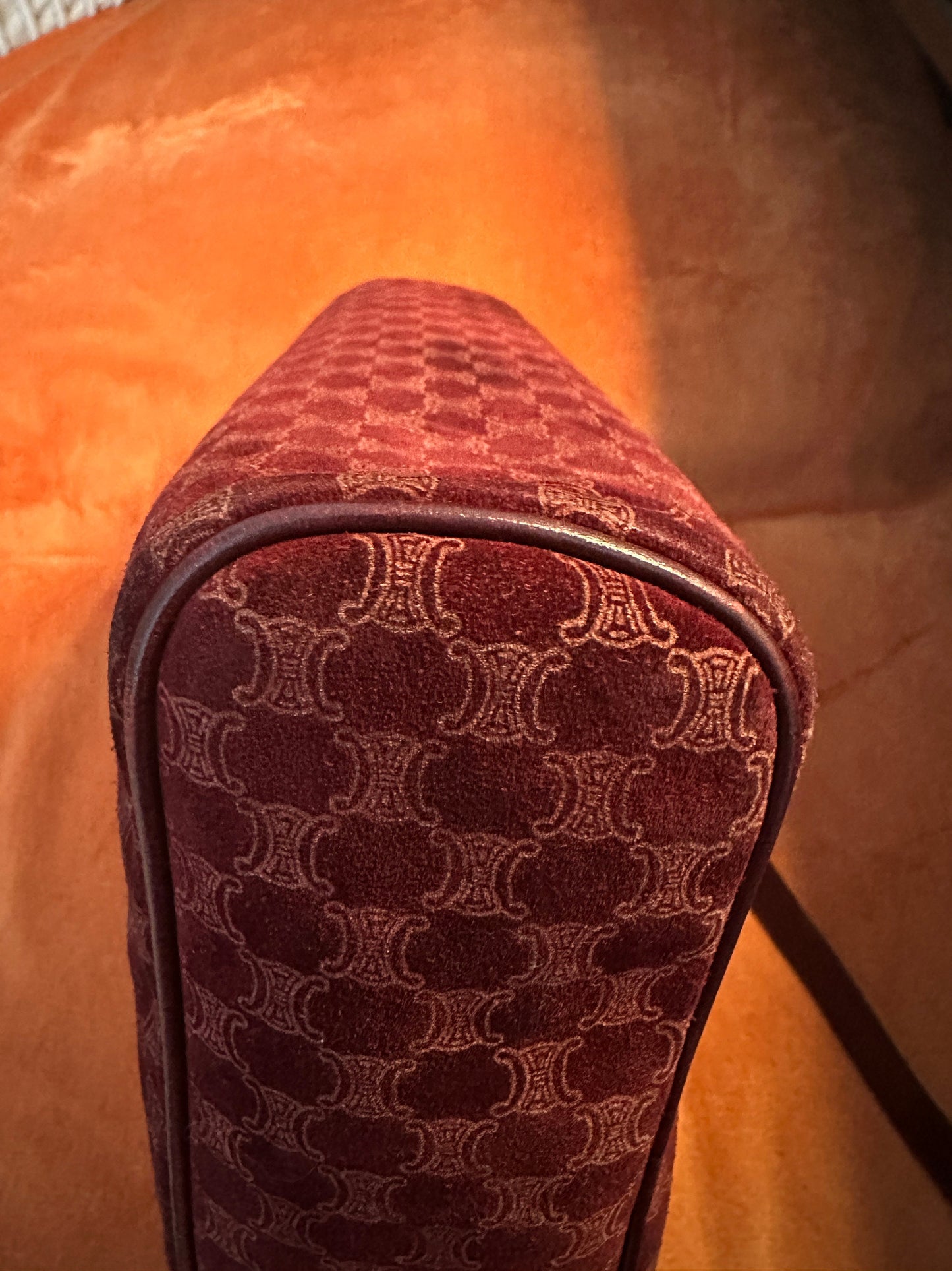 CELINE VINTAGE 100% Authentic Genuine Velvety Canvas (Suede-like) Monogram Cross-body Bag, Dark Red, 1990's, Great Condition