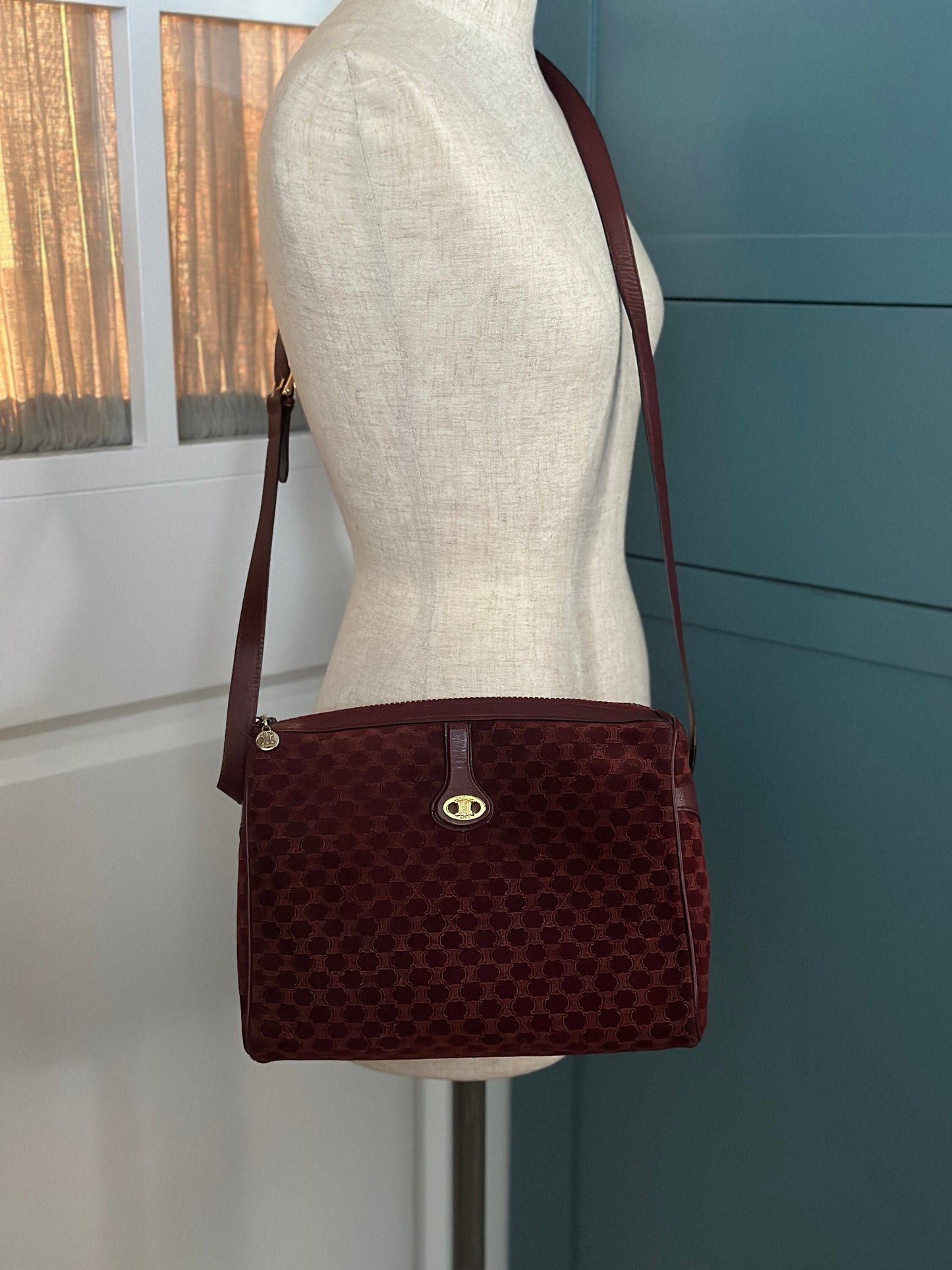 CELINE VINTAGE 100% Authentic Genuine Velvety Canvas (Suede-like) Monogram Cross-body Bag, Dark Red, 1990's, Great Condition