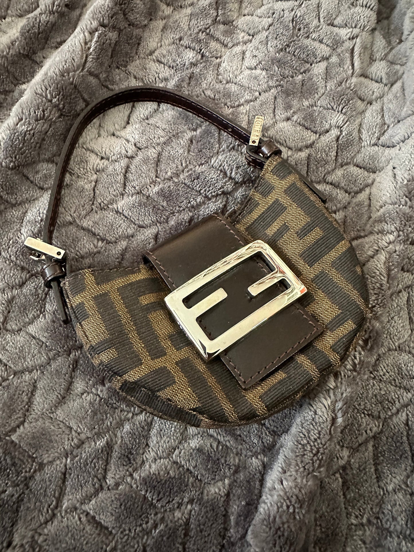 FENDI VINTAGE, 100% Authentic Genuine, Monogram Micro Hand Bag, FF Logo Canvas with Brown Leather Strap, 1990's, Great Condition, Rare