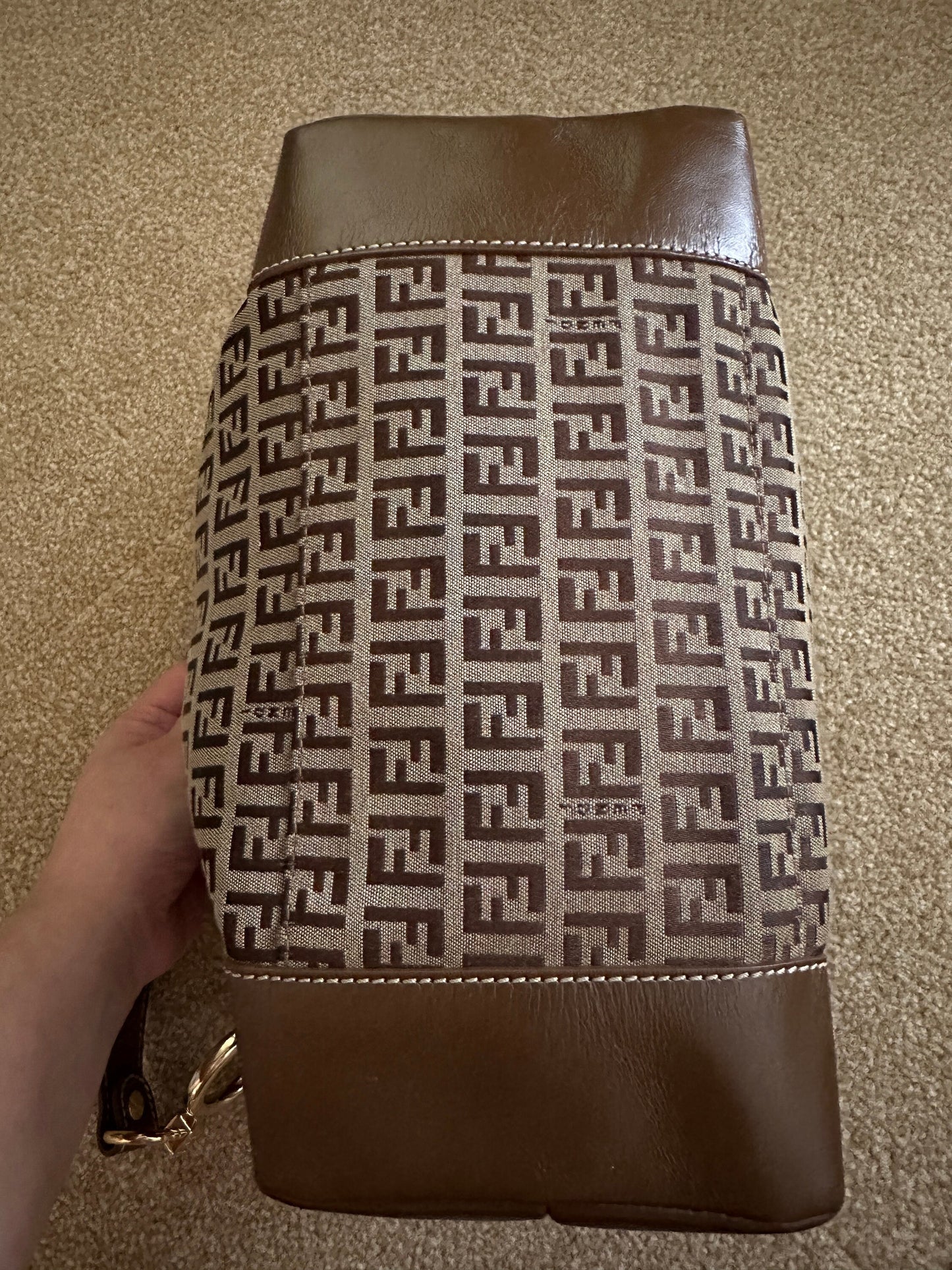 FENDI VINTAGE, 100% Authentic Genuine, Monogram Shoulder Bag, FF Logo Canvas with Brown Leather Strap, 1990's, Great Condition, Rare