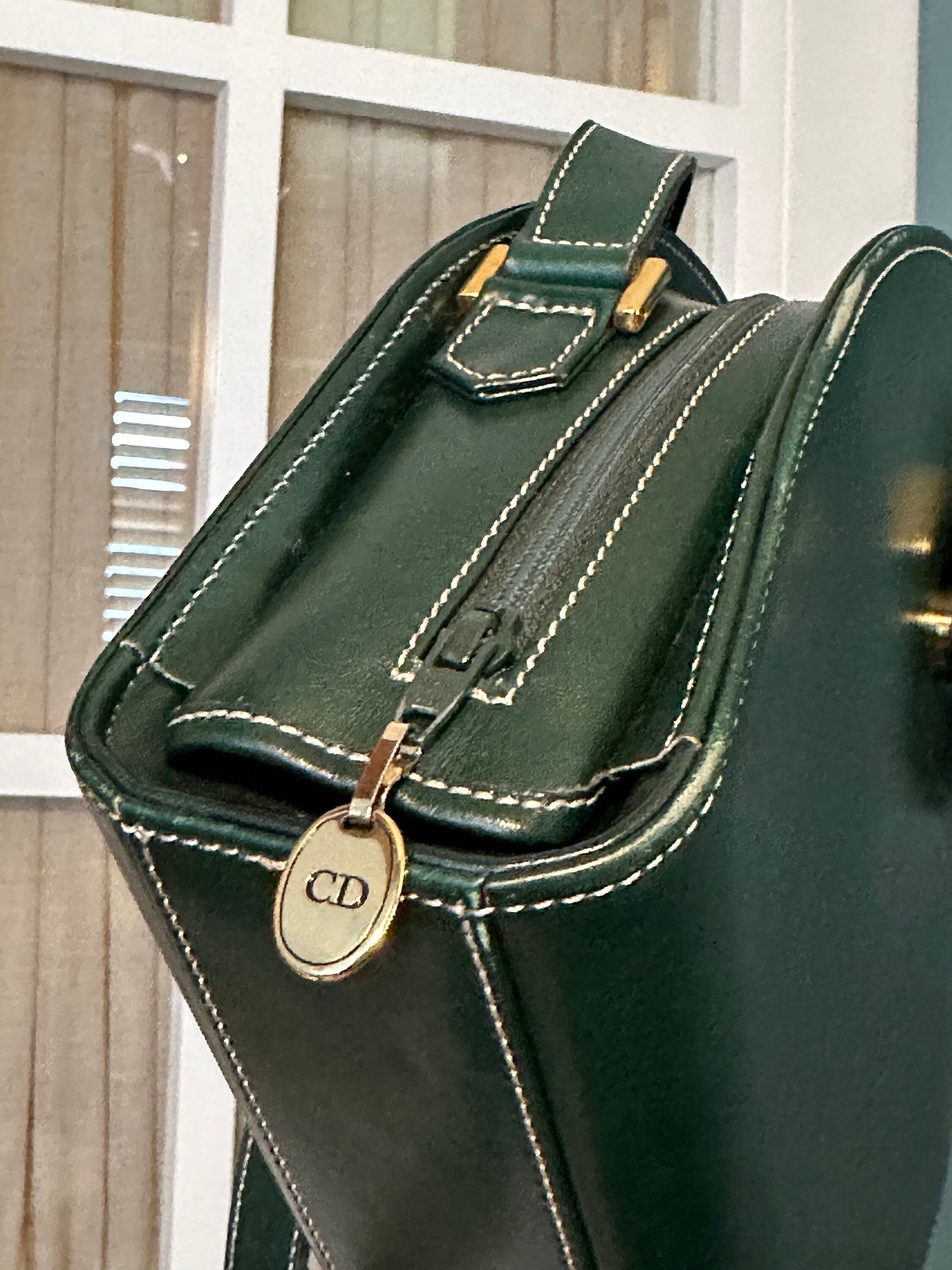 DIOR VINTAGE 100% Authentic Genuine Leather Cross-body Bag, Dark Moss Green, 1980's, Good Condition