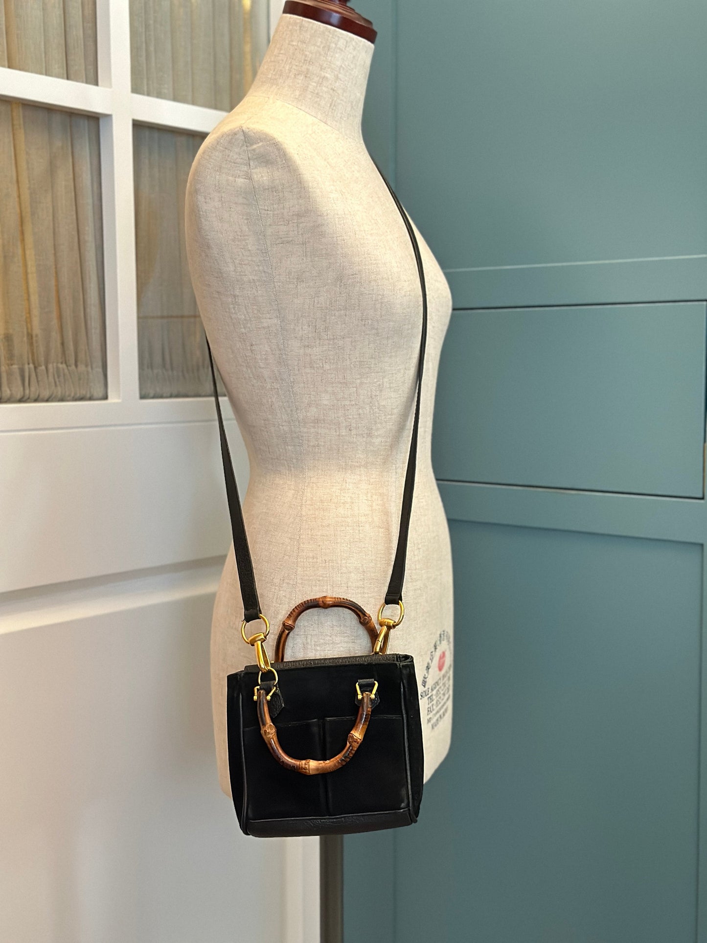 GUCCI VINTAGE 100% Authentic Genuine Small Suede Iconic Bamboo Handle Two-way Shoulder Bag, Black, 1990's, Good Condition, Rare