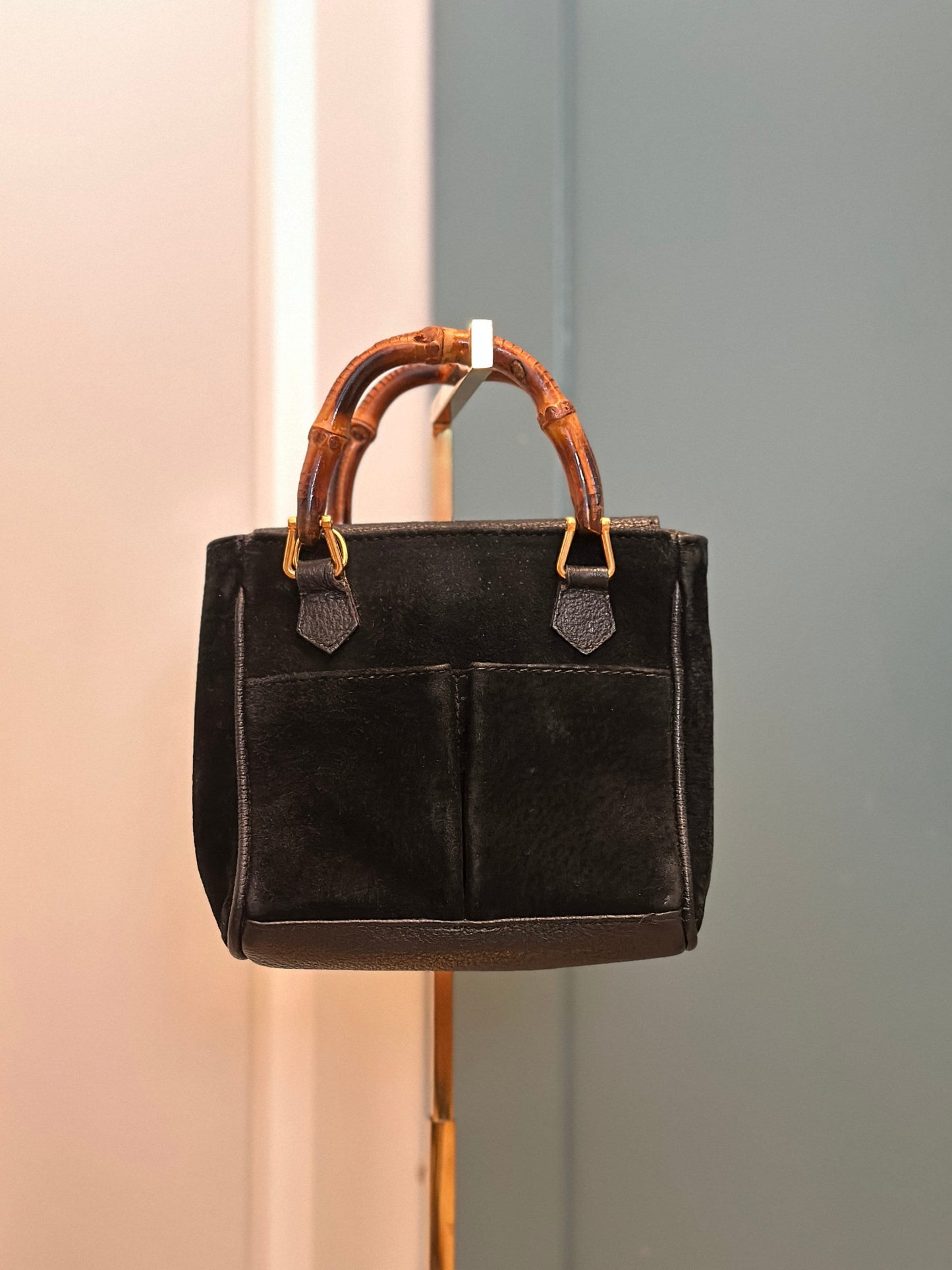GUCCI VINTAGE 100% Authentic Genuine Small Suede Iconic Bamboo Handle Two-way Shoulder Bag, Black, 1990's, Good Condition, Rare