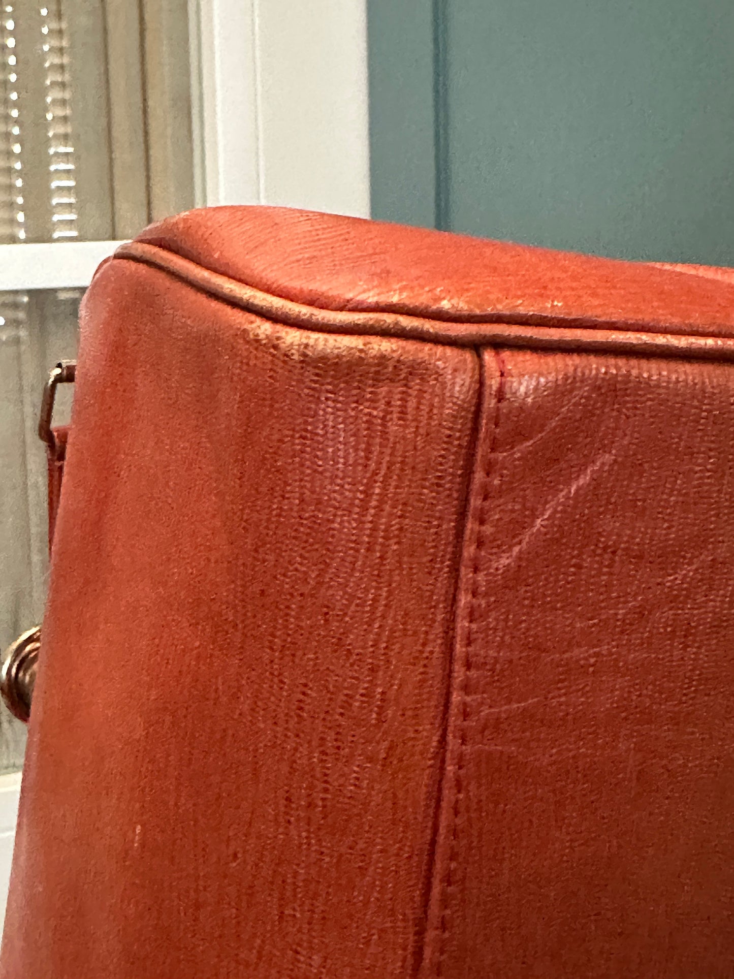 VERSACE VINTAGE, 100% Authentic Genuine Leather Cross-body Doctor Bag, Orange Brown, 1980's, Good Condition