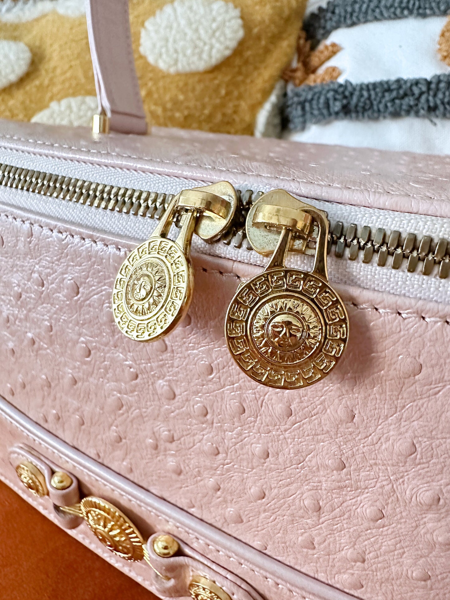 VERSACE VINTAGE 100% Authentic Genuine Ostrich Leather Makeup Case Bag, Pastel Pink, 1990's, Great Condition, Grade AB