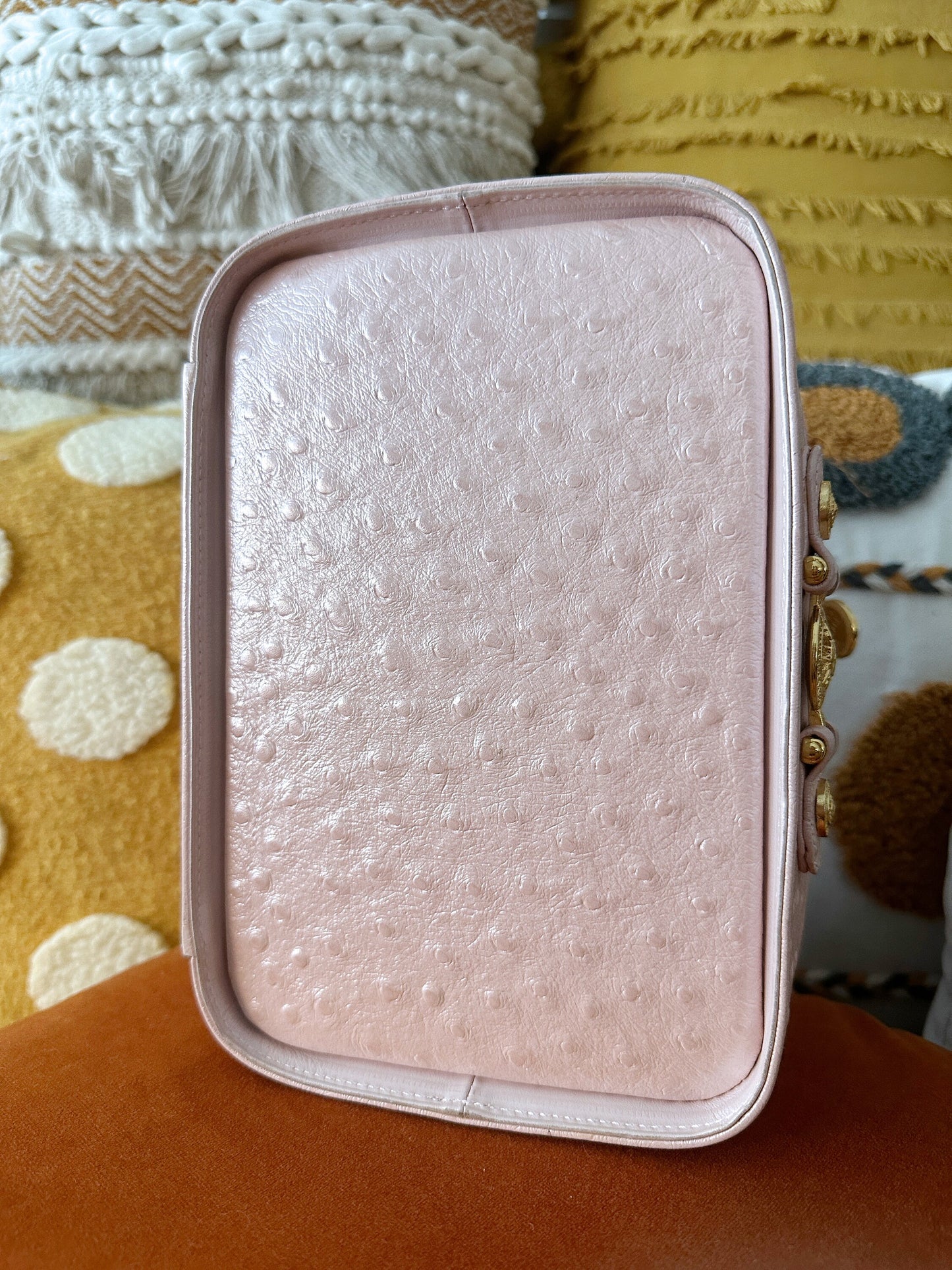 VERSACE VINTAGE 100% Authentic Genuine Ostrich Leather Makeup Case Bag, Pastel Pink, 1990's, Great Condition, Grade AB