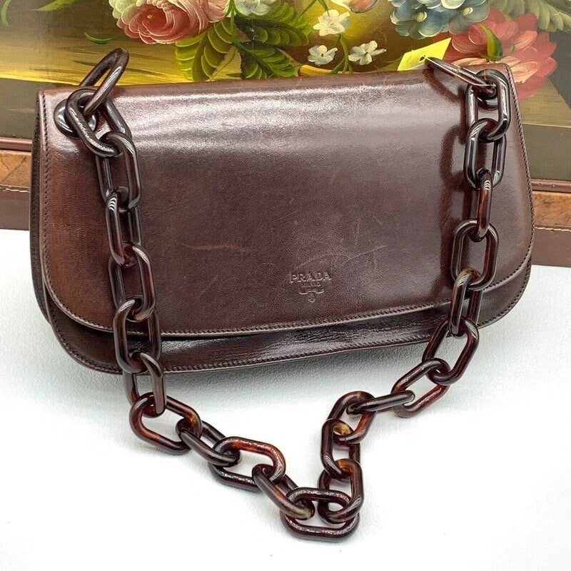 PRADA VINTAGE 100% Authentic Genuine Leather Shoulder Bag, Brown, 2000's, Good Condition