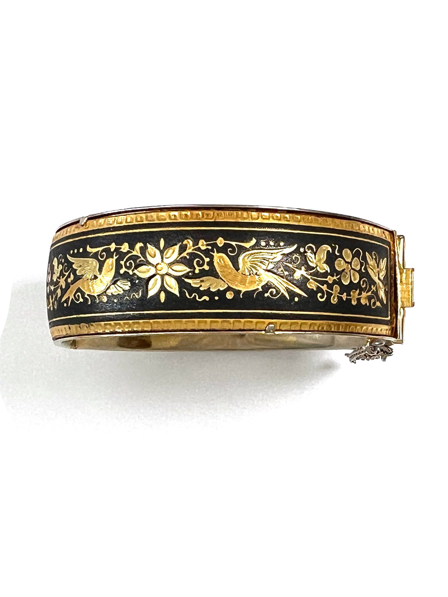 Vintage Damascene Hinged Bangle Bracelet with Security Chain, Circa 1970