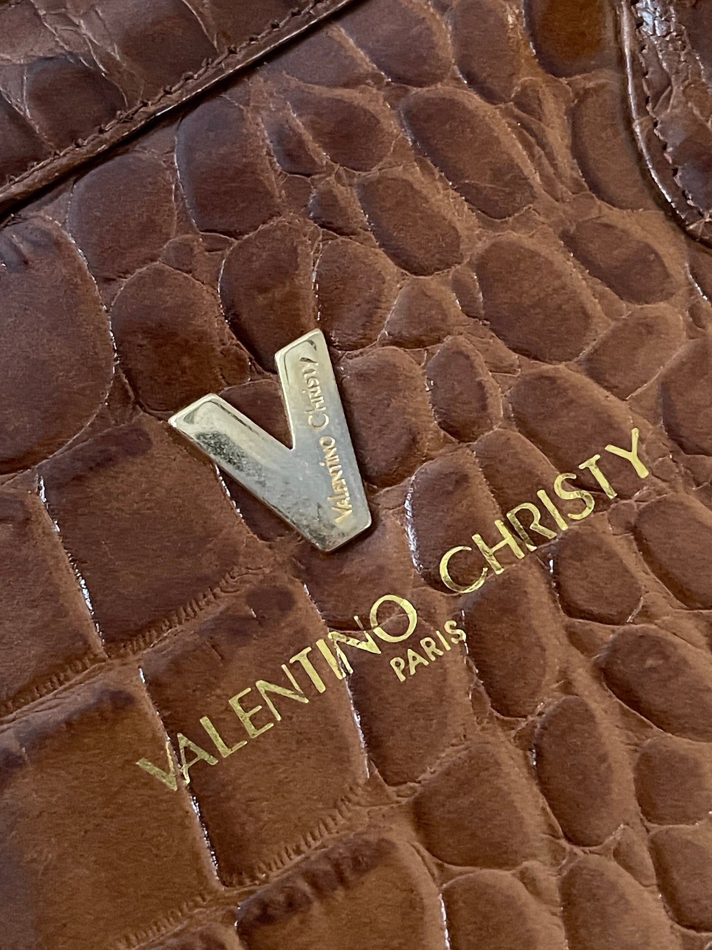VALENTINO CHRISTY VINTAGE 100% Authentic Genuine Top Handle Hand Bag, Brown, 1980's, Embossed Leather