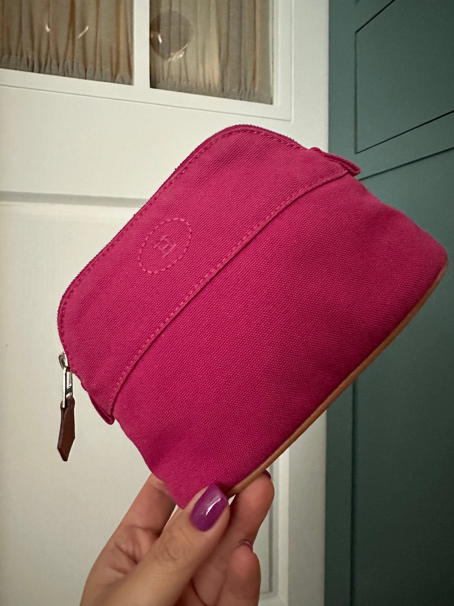 HERMES VINTAGE 100% Authentic Genuine Canvas Bolide Makeup Pouch Case Bag, Bright Pink, Great Condition