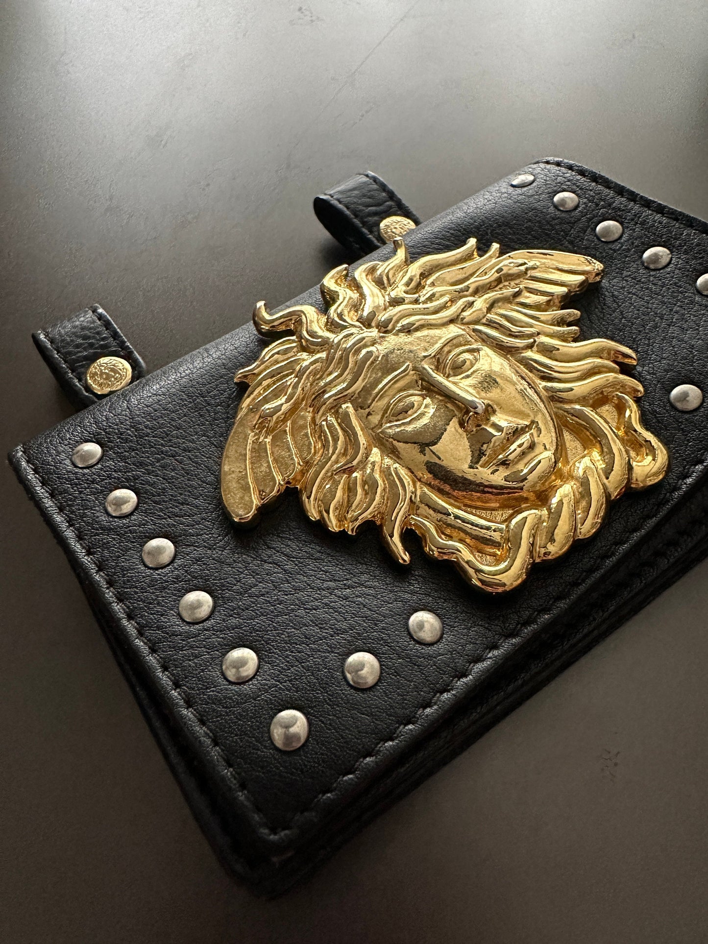 VERSACE VINTAGE 100% Authentic Genuine Gianni Versace Medusa Gold Stud Medusa Sunburst Mini Belt Bag, Black, 1994, Great Condition, Rare