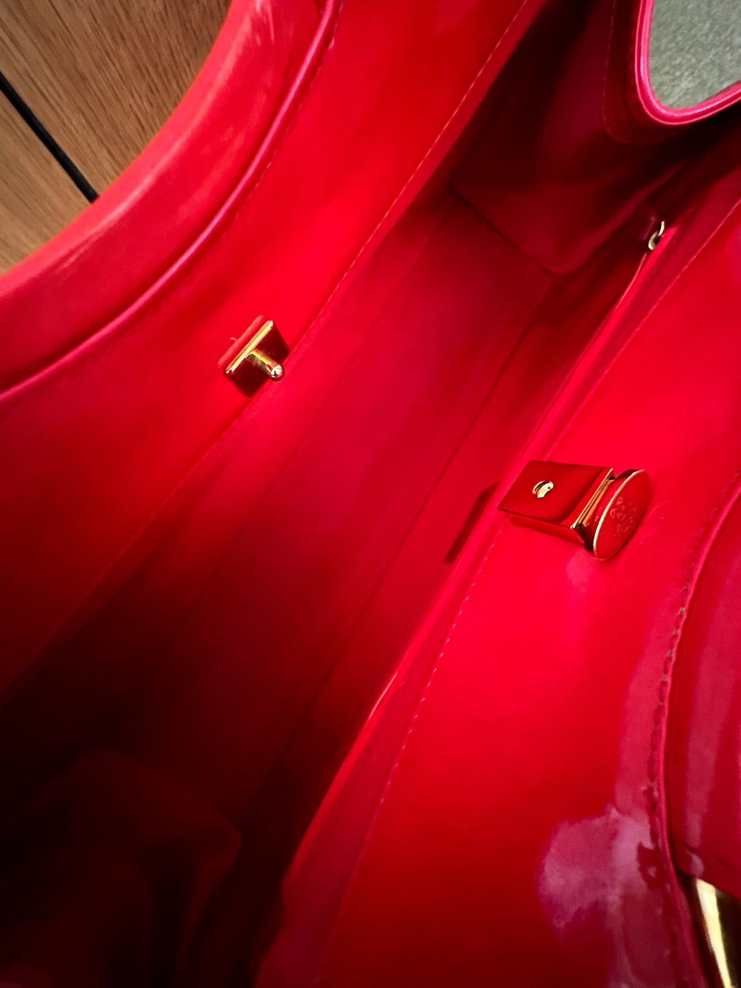 Like New! VERSACE VINTAGE 100% Authentic Genuine, Patent Leather Double Gold Hardware Handle Handbag, Red, late 90's, Grade A