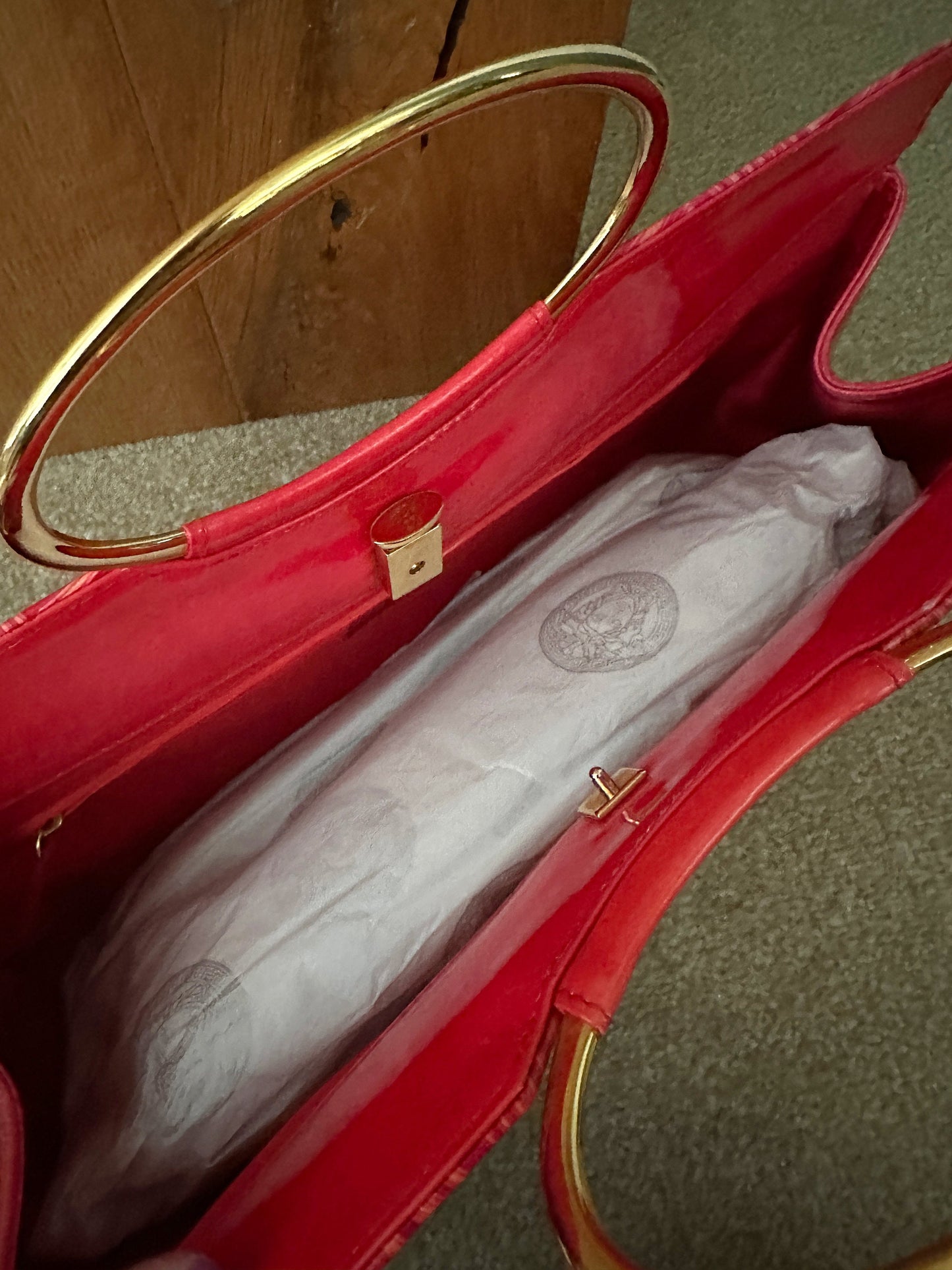 Like New! VERSACE VINTAGE 100% Authentic Genuine, Patent Leather Double Gold Hardware Handle Handbag, Red, late 90's, Grade A