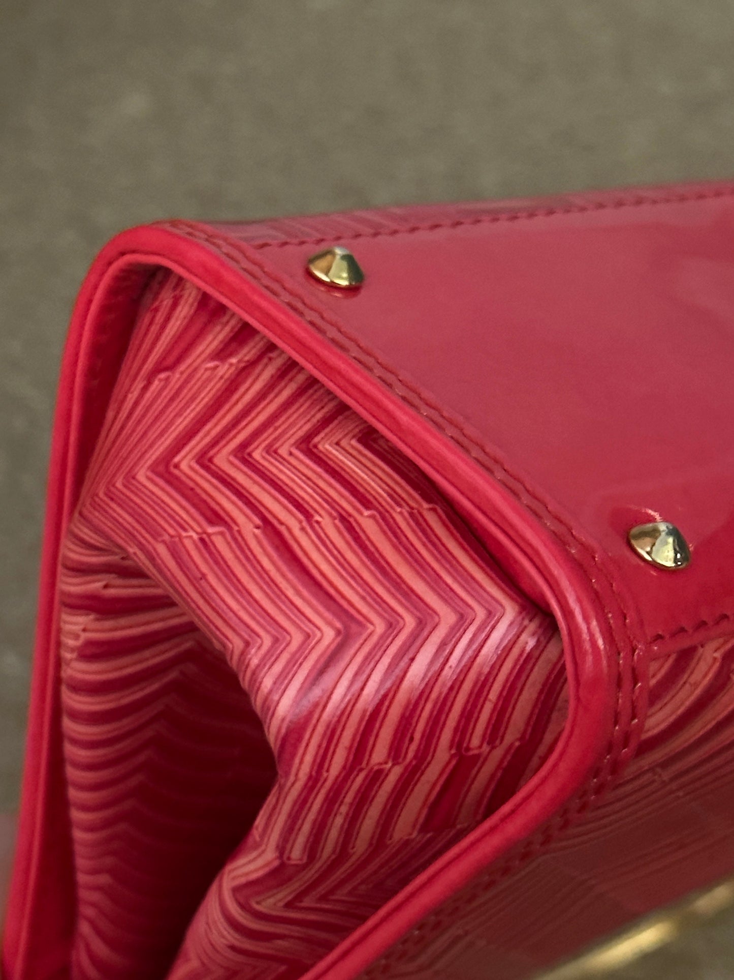 Like New! VERSACE VINTAGE 100% Authentic Genuine, Patent Leather Double Gold Hardware Handle Handbag, Red, late 90's, Grade A