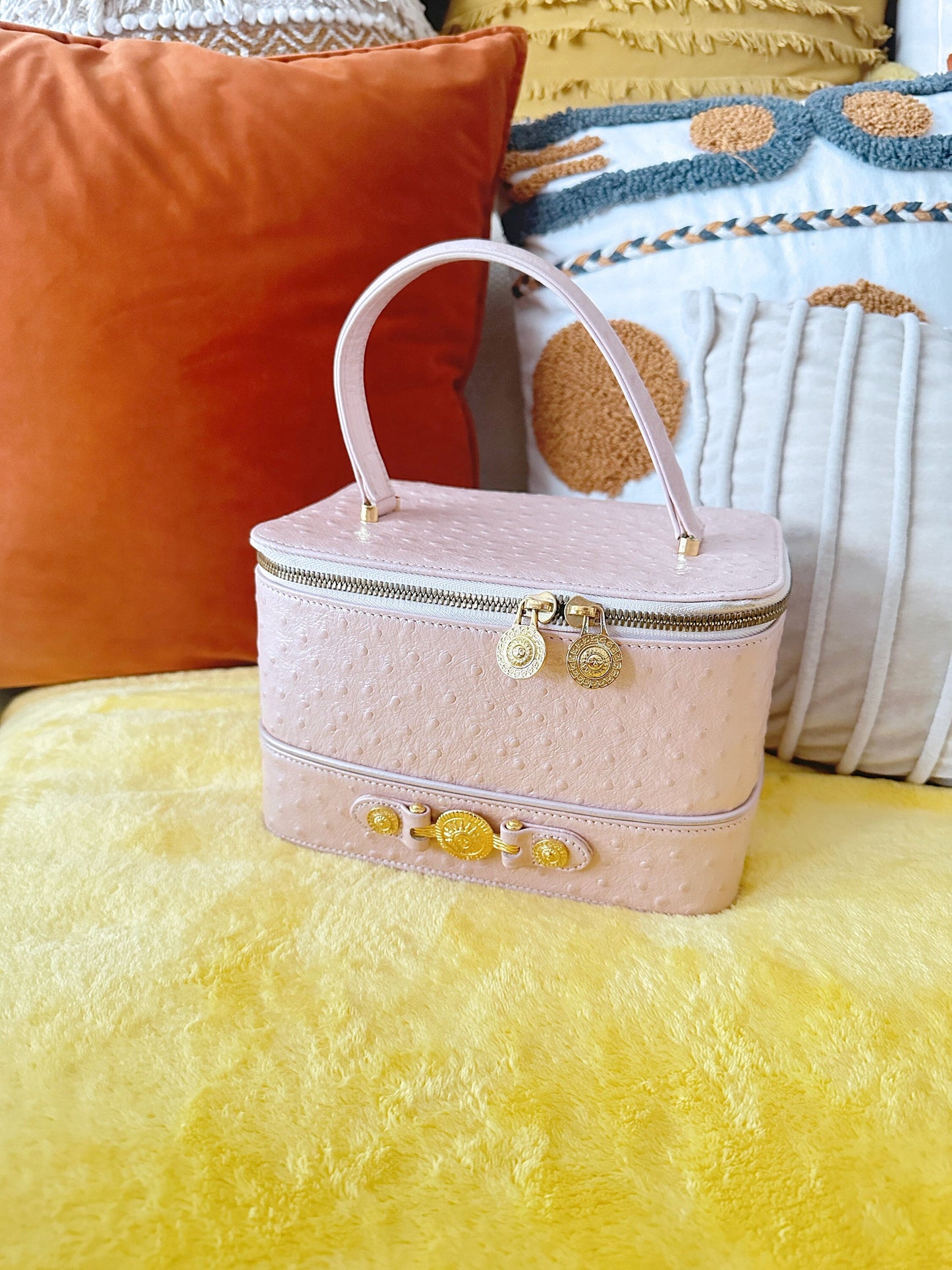 VERSACE VINTAGE 100% Authentic Genuine Ostrich Leather Makeup Case Bag, Pastel Pink, 1990's, Great Condition, Grade AB