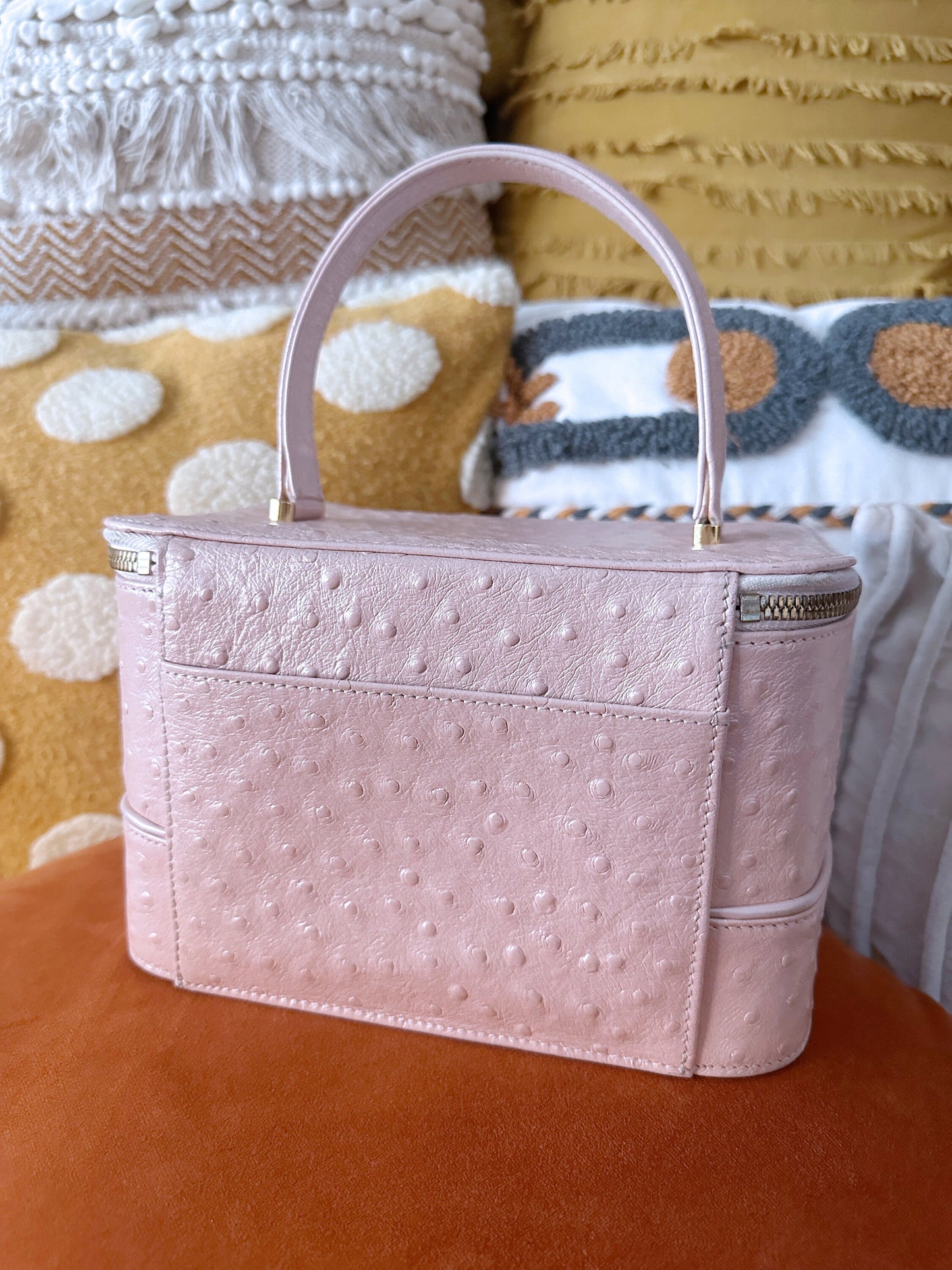 VERSACE VINTAGE 100% Authentic Genuine Ostrich Leather Makeup Case Bag, Pastel Pink, 1990's, Great Condition, Grade AB