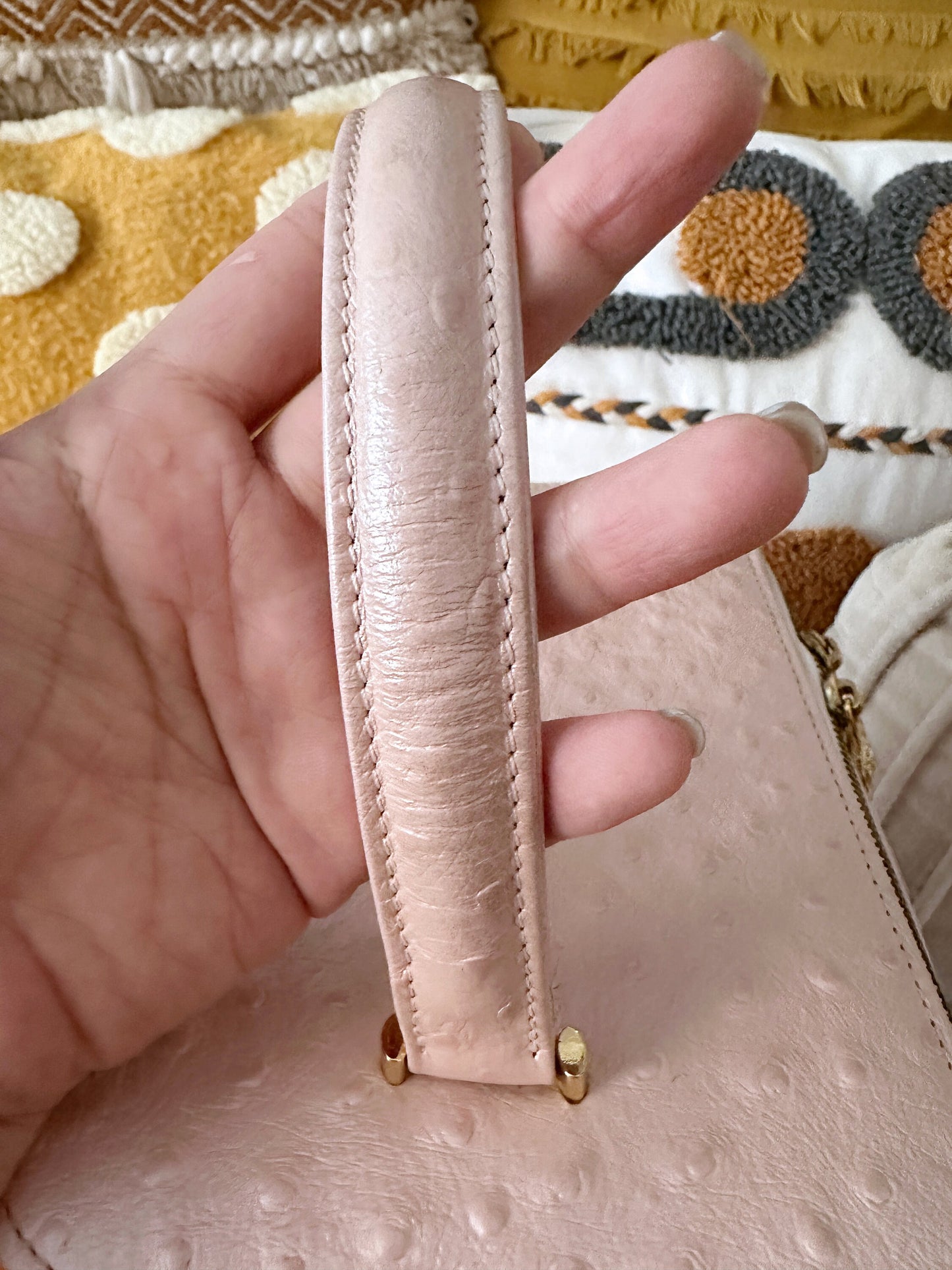 VERSACE VINTAGE 100% Authentic Genuine Ostrich Leather Makeup Case Bag, Pastel Pink, 1990's, Great Condition, Grade AB
