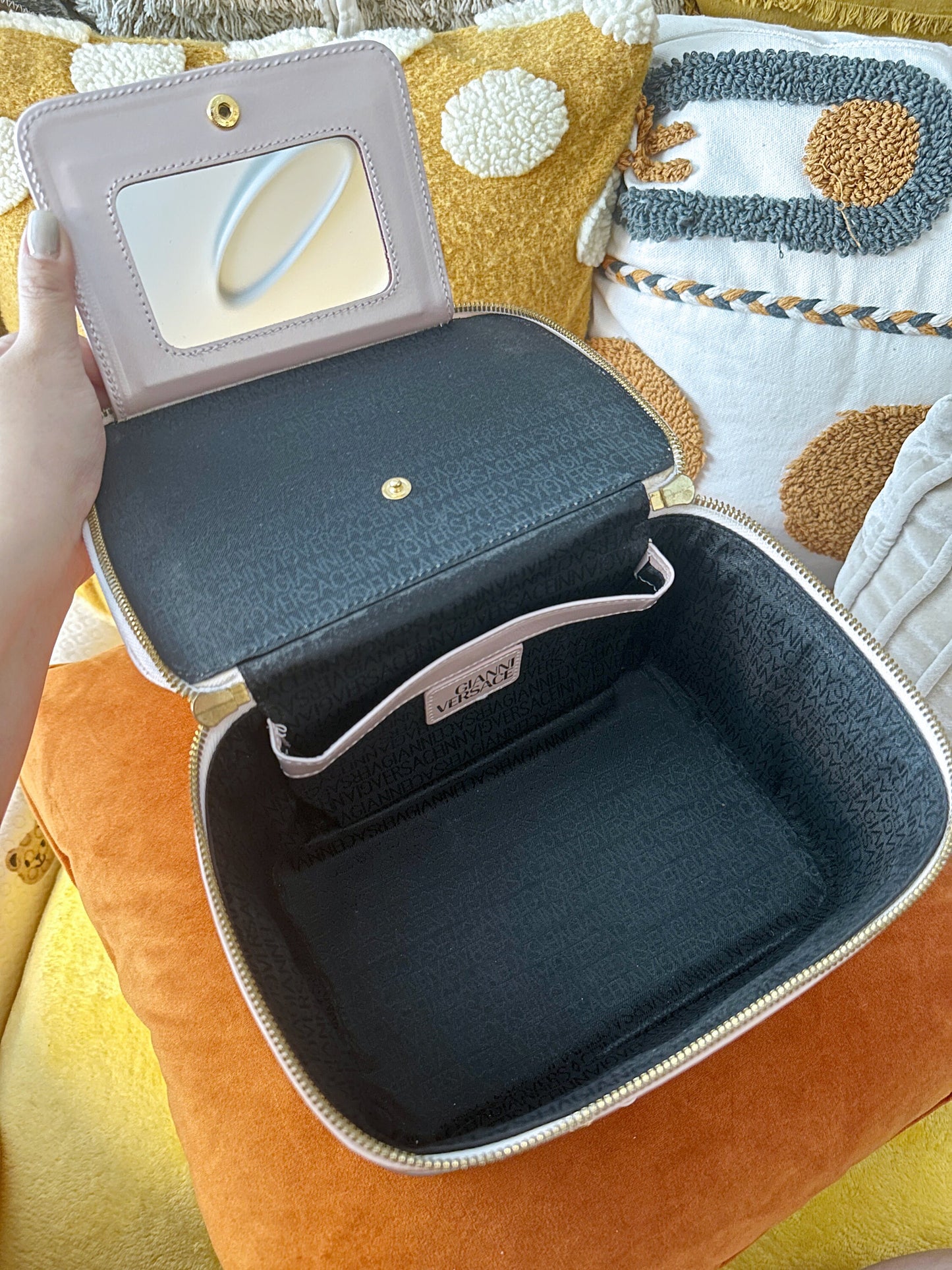 VERSACE VINTAGE 100% Authentic Genuine Ostrich Leather Makeup Case Bag, Pastel Pink, 1990's, Great Condition, Grade AB