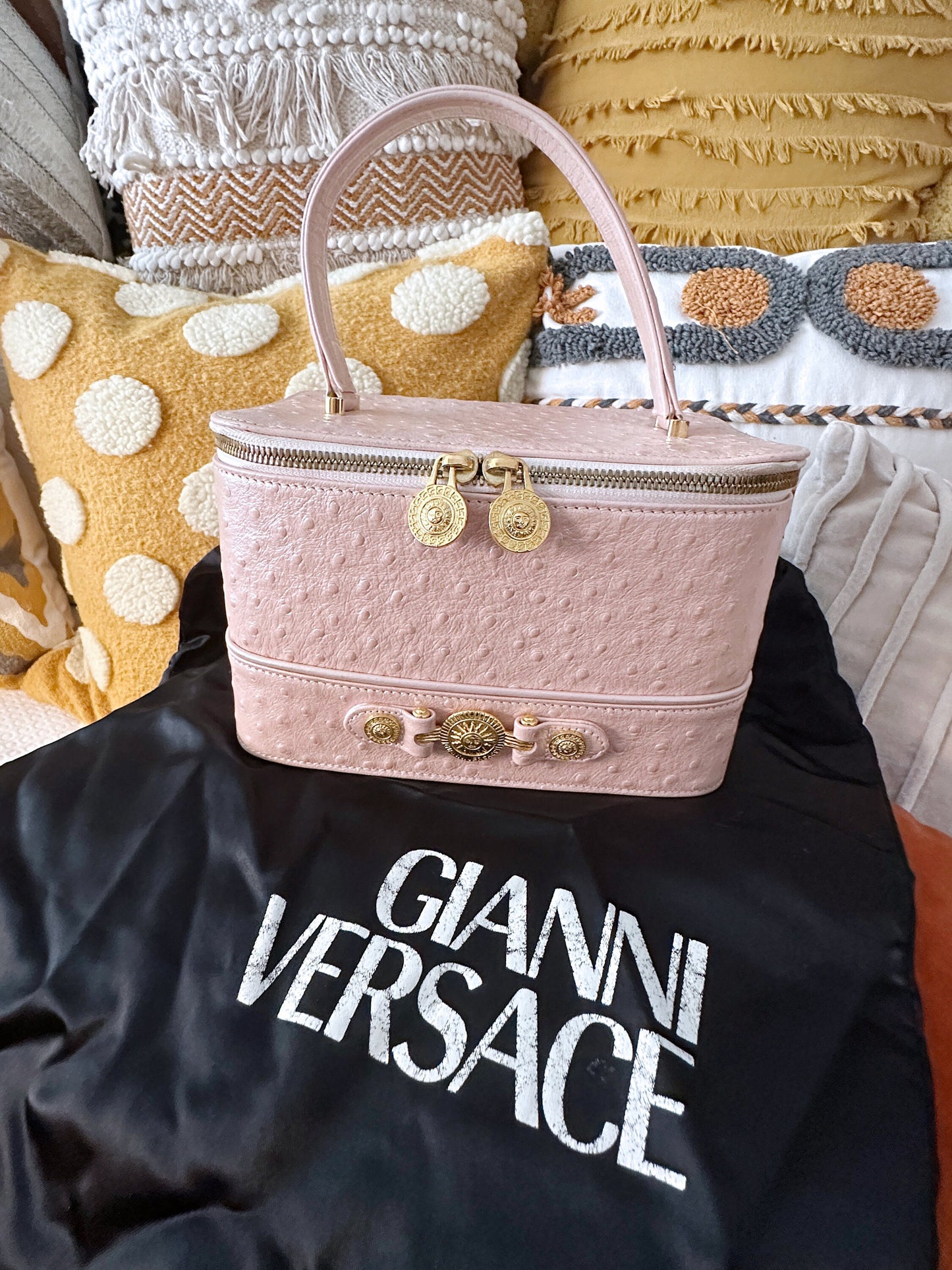 VERSACE VINTAGE 100% Authentic Genuine Ostrich Leather Makeup Case Bag, Pastel Pink, 1990's, Great Condition, Grade AB