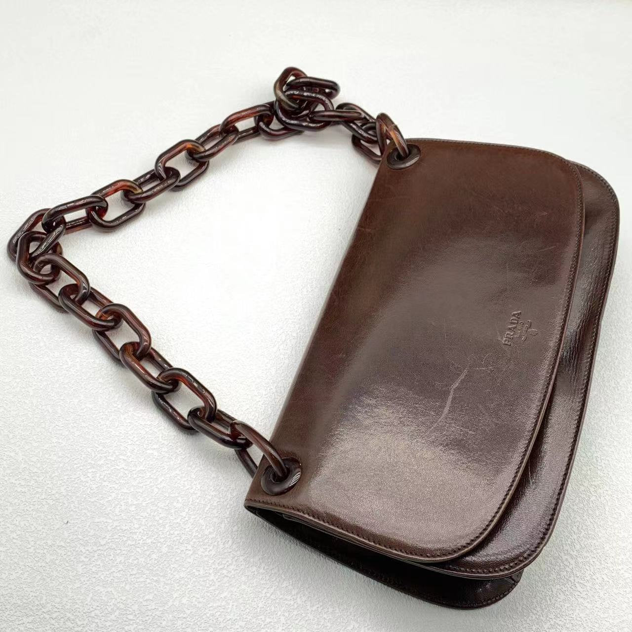 PRADA VINTAGE 100% Authentic Genuine Leather Shoulder Bag, Brown, 2000's, Good Condition