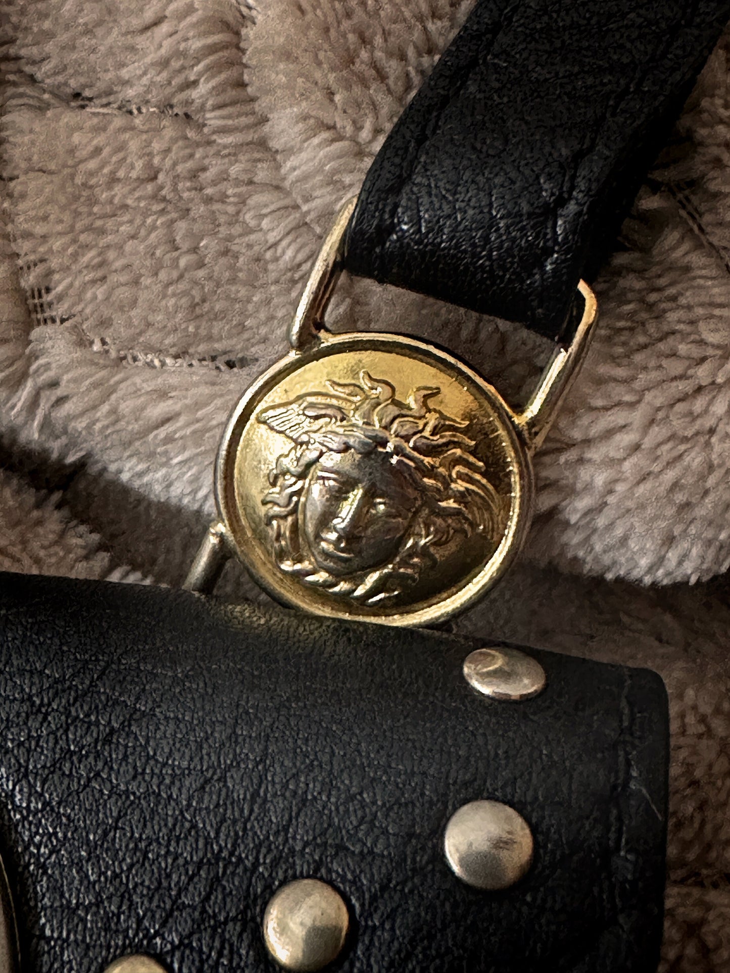 VERSACE VINTAGE 100% Authentic Genuine Gianni Versace Medusa Gold Stud Medusa Sunburst Mini Belt Bag, Black, 1994, Great Condition, Rare