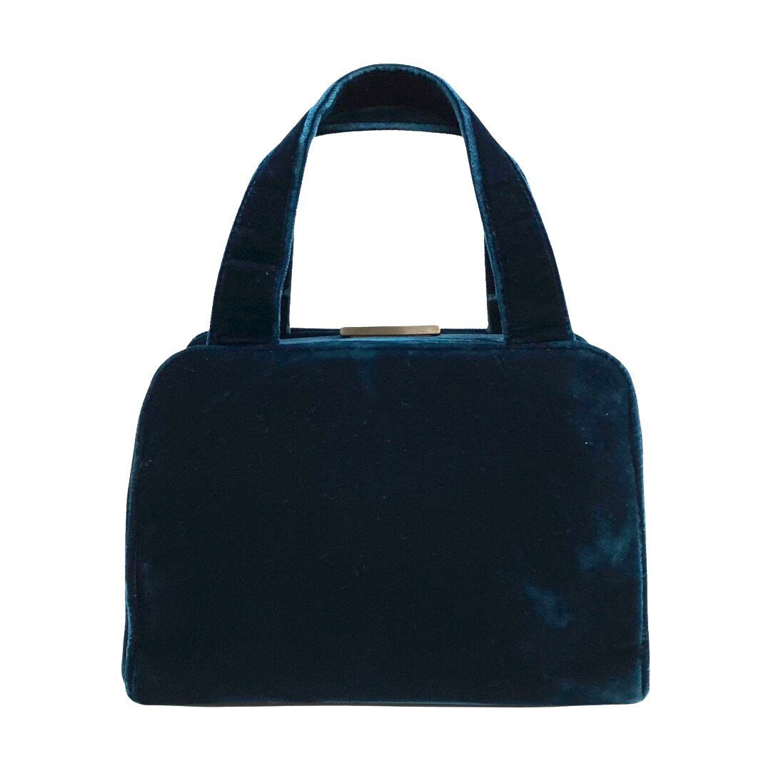 PRADA VINTAGE, 100% Authentic Genuine, Velvet Double Handle Hand Bag, Deep Blue, 1990's, Great Condition, Rare, Grade AB
