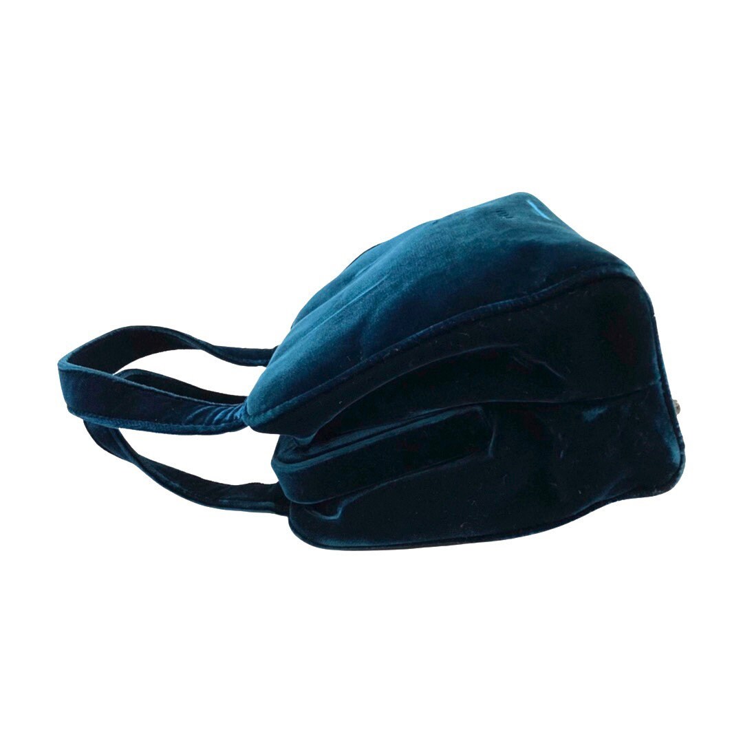 PRADA VINTAGE, 100% Authentic Genuine, Velvet Double Handle Hand Bag, Deep Blue, 1990's, Great Condition, Rare, Grade AB