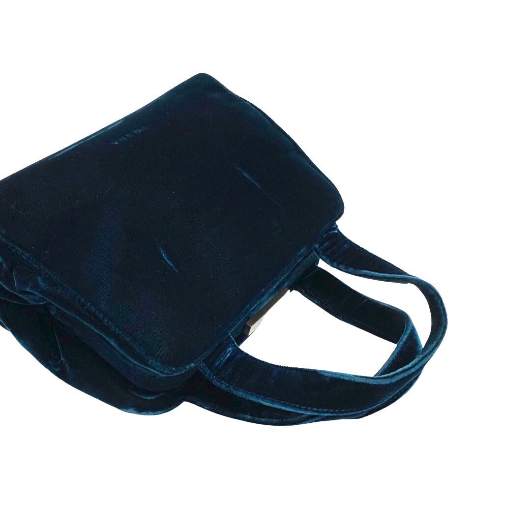 PRADA VINTAGE, 100% Authentic Genuine, Velvet Double Handle Hand Bag, Deep Blue, 1990's, Great Condition, Rare, Grade AB