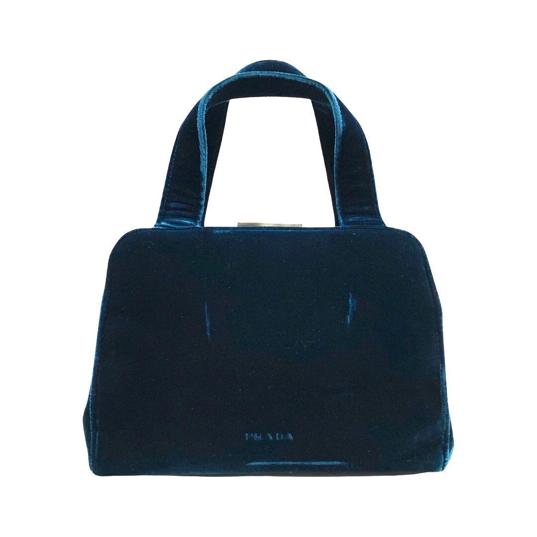 PRADA VINTAGE, 100% Authentic Genuine, Velvet Double Handle Hand Bag, Deep Blue, 1990's, Great Condition, Rare, Grade AB