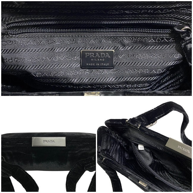 PRADA VINTAGE, 100% Authentic Genuine, Velvet Double Handle Hand Bag, Black, 1990's, Great Condition, Rare, Grade AB