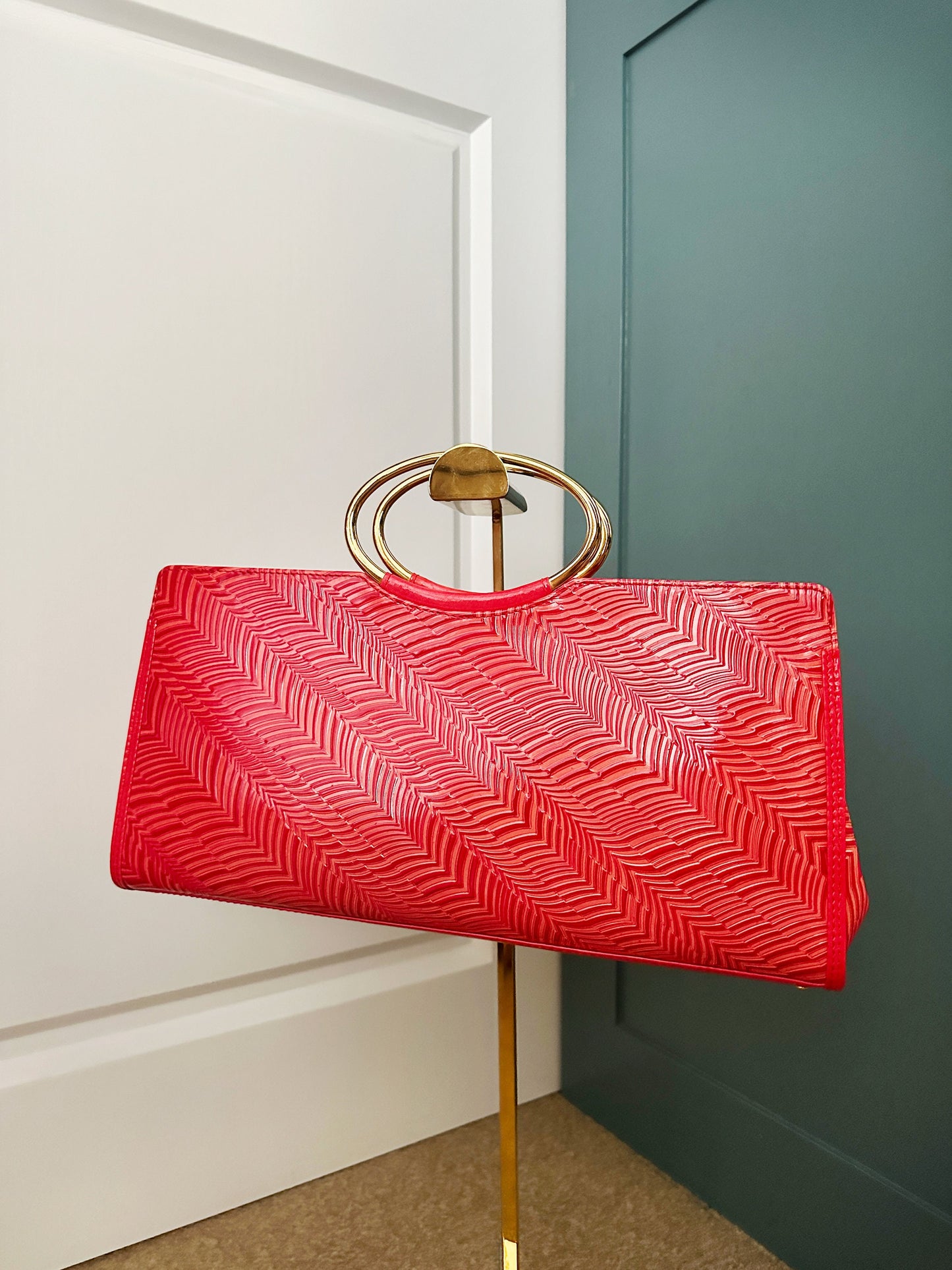 Like New! VERSACE VINTAGE 100% Authentic Genuine, Patent Leather Double Gold Hardware Handle Handbag, Red, late 90's, Grade A