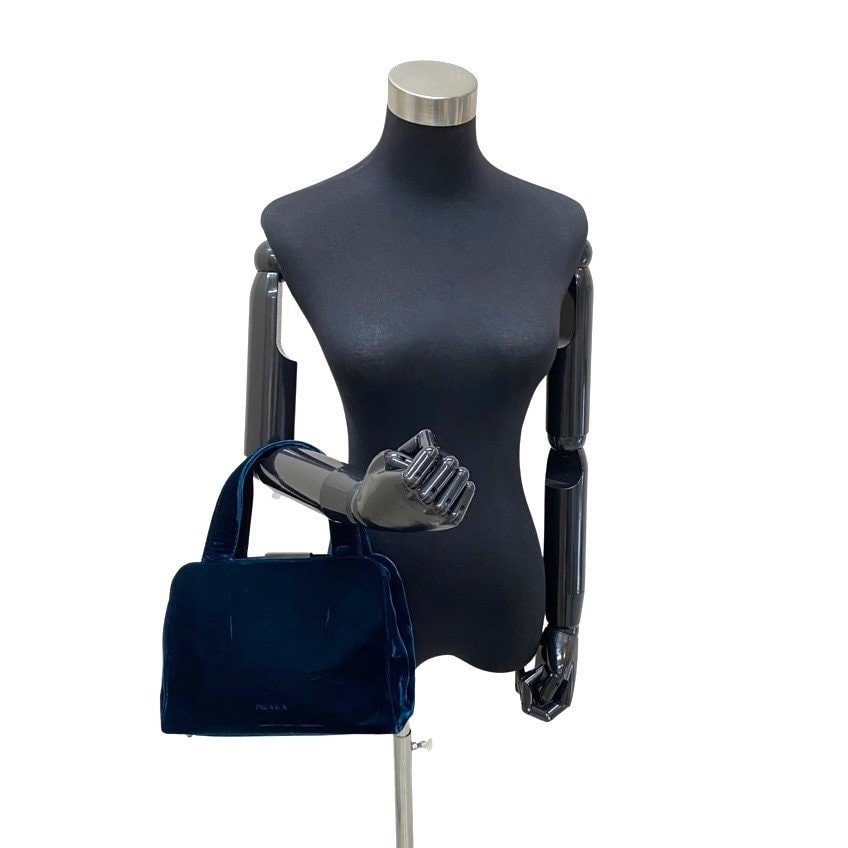 PRADA VINTAGE, 100% Authentic Genuine, Velvet Double Handle Hand Bag, Deep Blue, 1990's, Great Condition, Rare, Grade AB