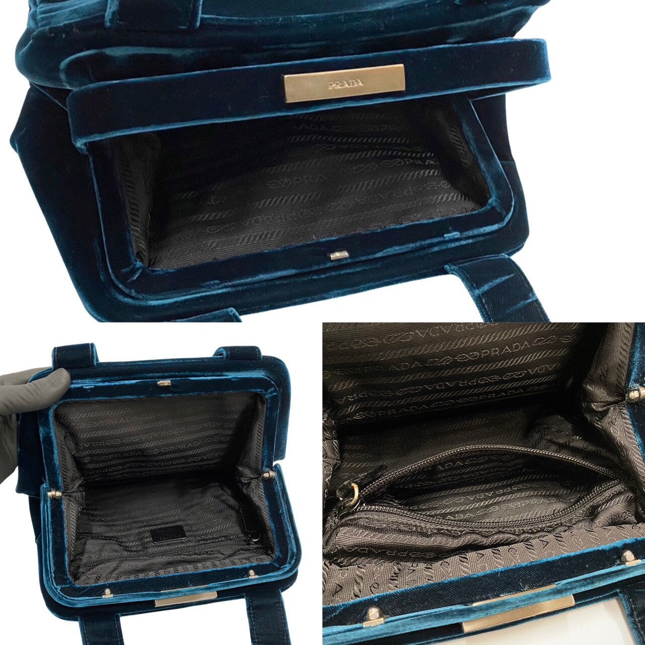 PRADA VINTAGE, 100% Authentic Genuine, Velvet Double Handle Hand Bag, Deep Blue, 1990's, Great Condition, Rare, Grade AB