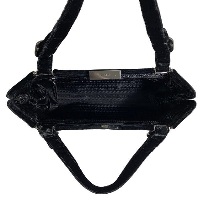 PRADA VINTAGE, 100% Authentic Genuine, Velvet Double Handle Hand Bag, Black, 1990's, Great Condition, Rare, Grade AB