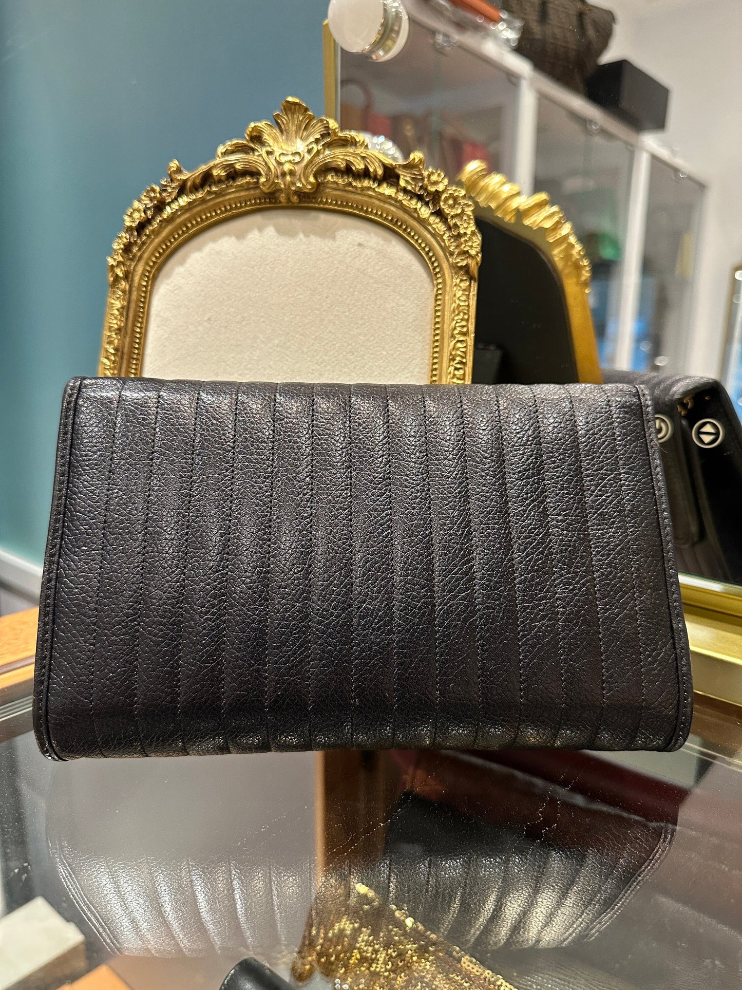 Christian DIOR VINTAGE 100% Authentic Genuine, Leather Two Way Golden Chain Hand Bag / Clutch, Black Leather, 1980's, Grade AB