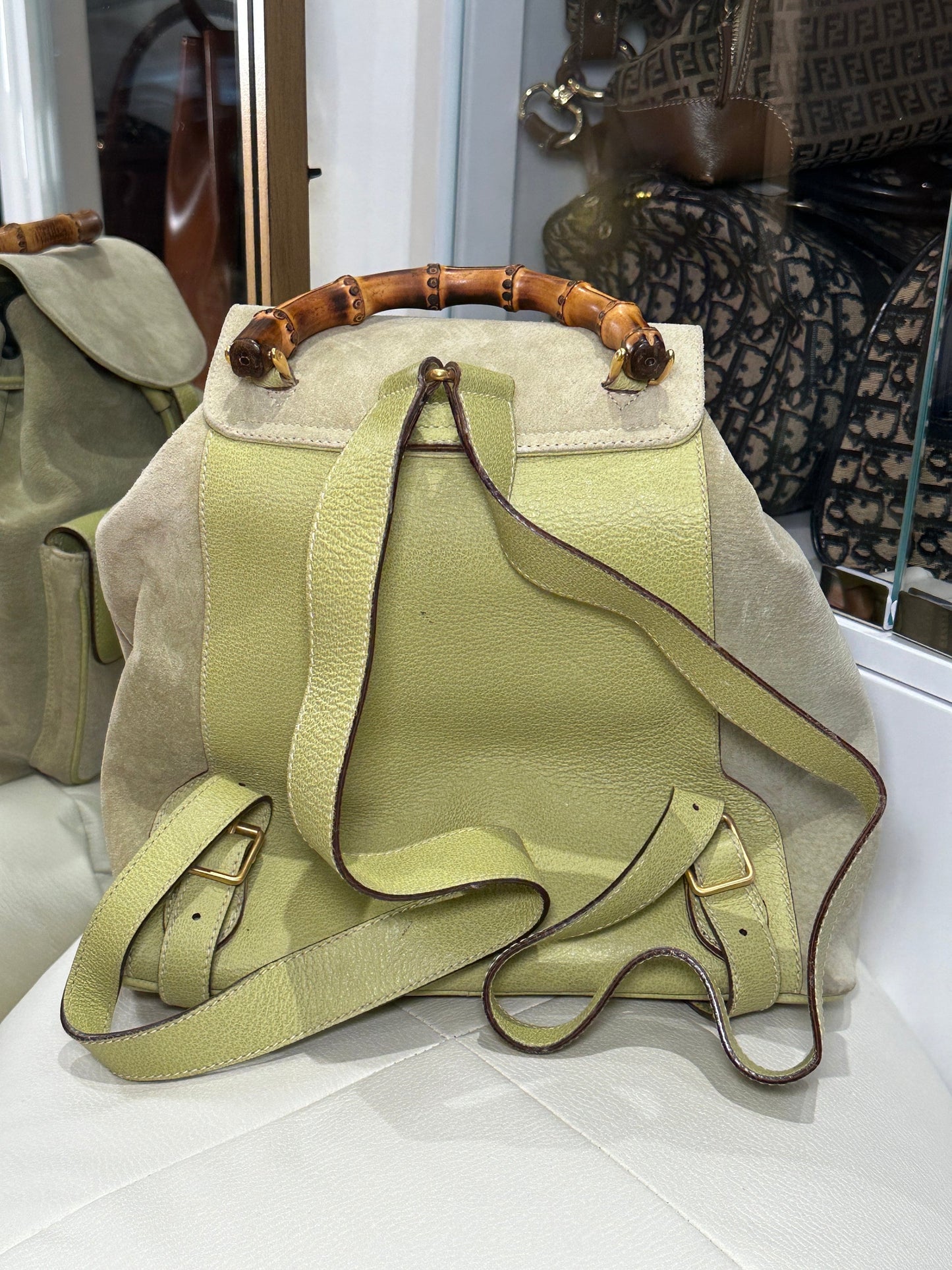 GUCCI VINTAGE 100% Authentic Genuine Suede Iconic Bamboo Handle Backpack, Light Sage Green, 2000's, Good Condition