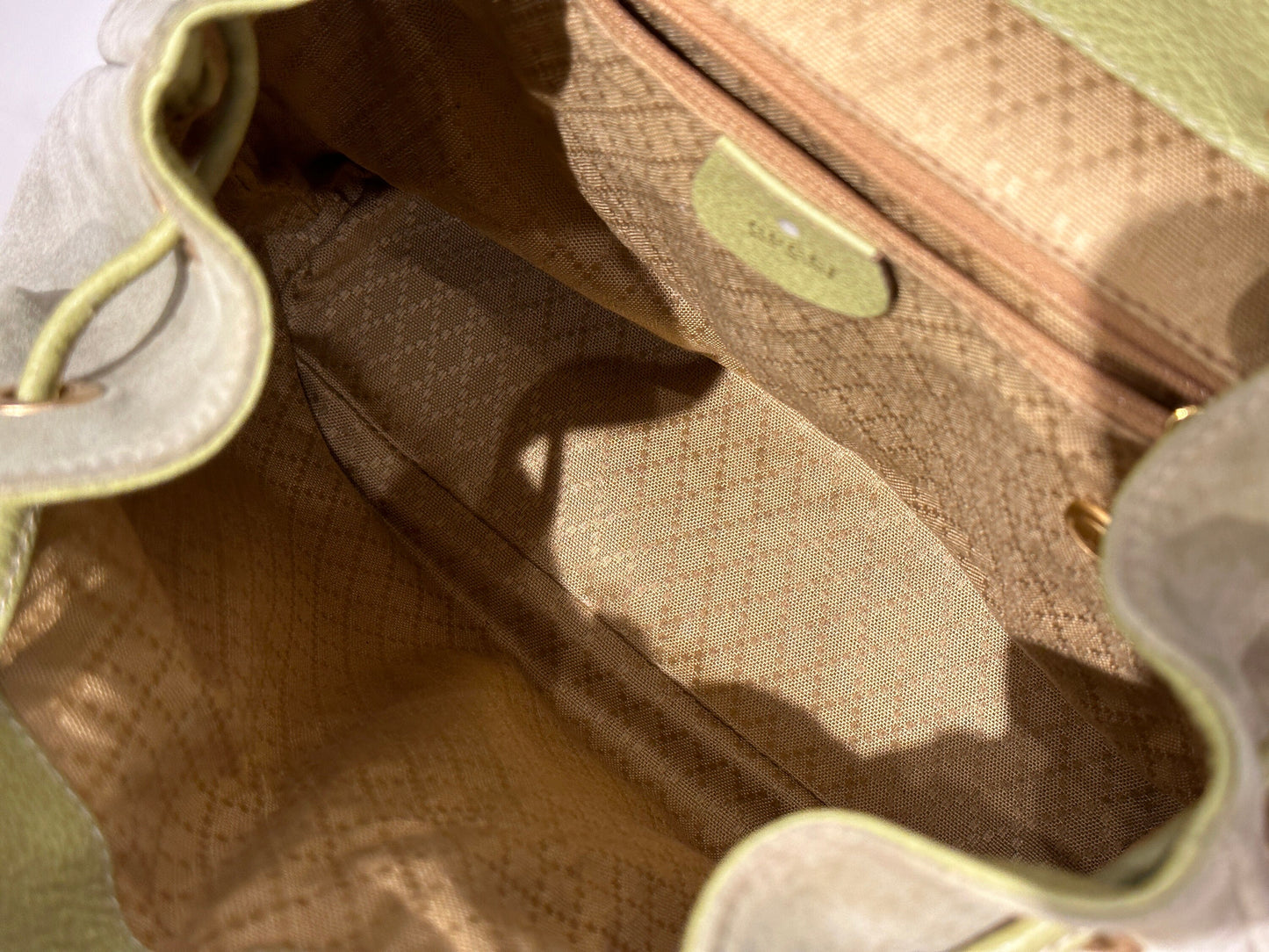GUCCI VINTAGE 100% Authentic Genuine Suede Iconic Bamboo Handle Backpack, Light Sage Green, 2000's, Good Condition