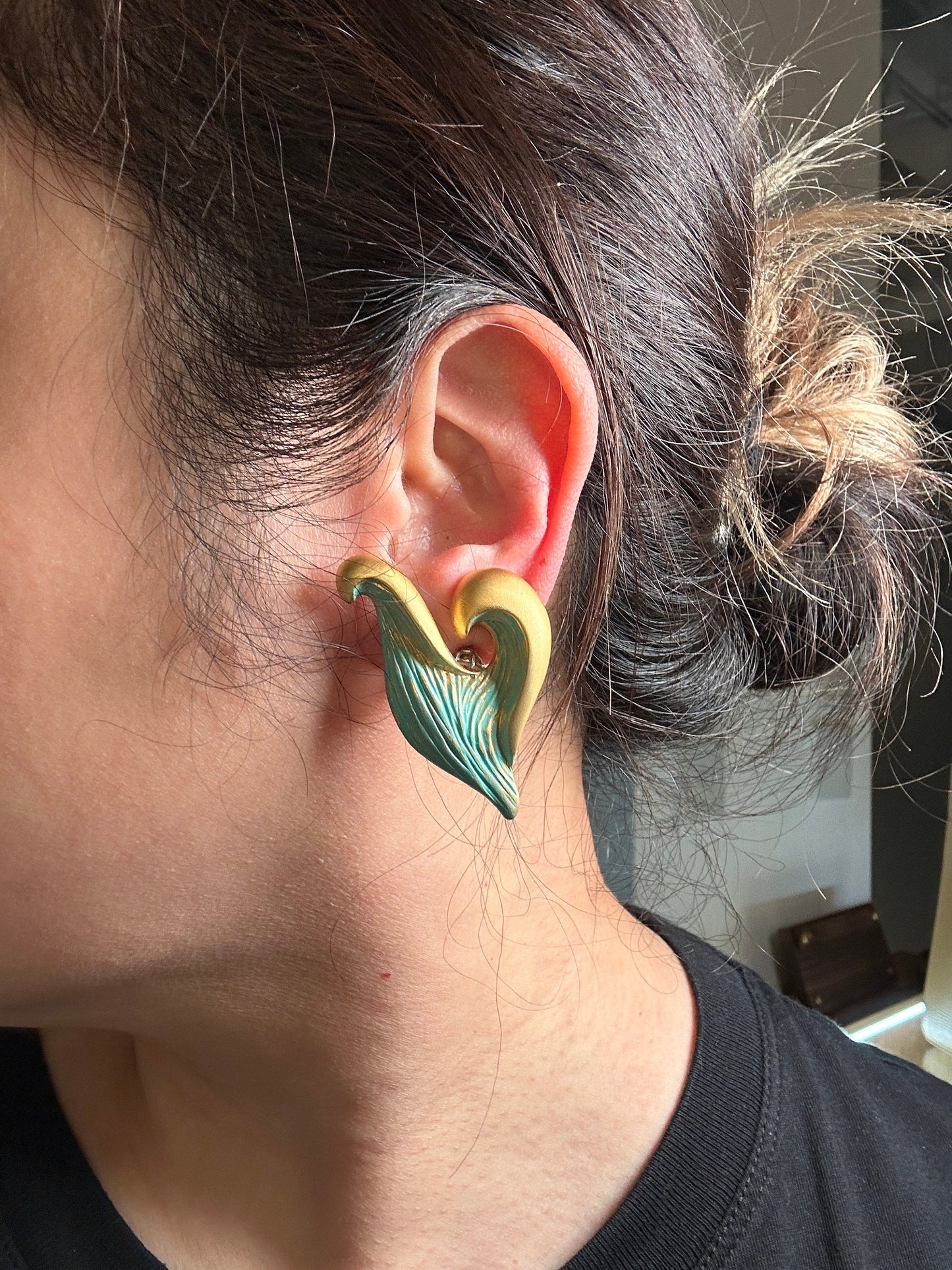 GIVENCHY VINTAGE, 100% Authentic Genuine, Clipped On Earrings, Light Teal and Gold, 1990's, Grade AB