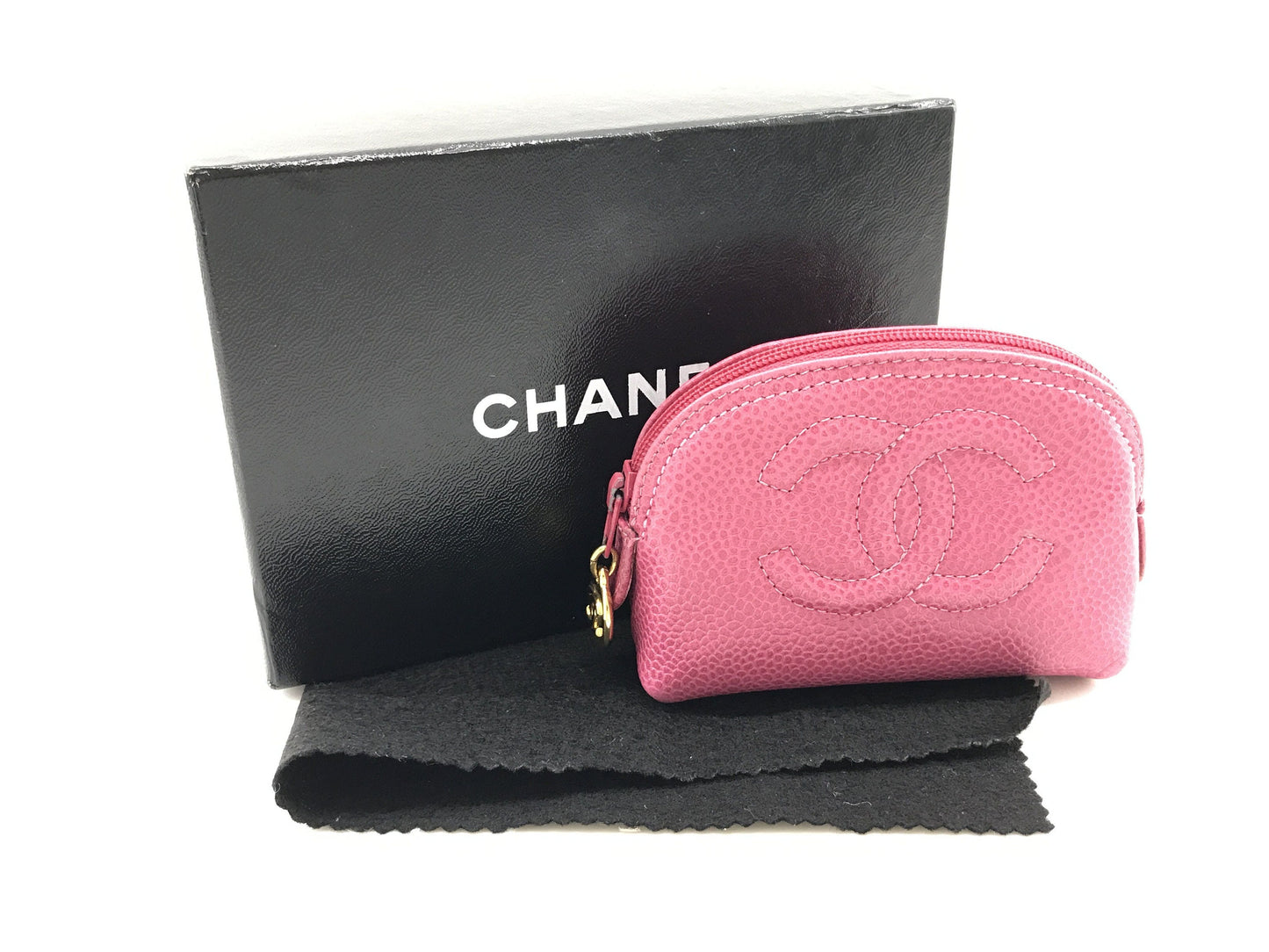 CHANEL VINTAGE 100% Authentic Genuine, Caviar Skin Coin Pouch Coin Purse Coin Case 1990's, Great Condition, Grade AB, with Box