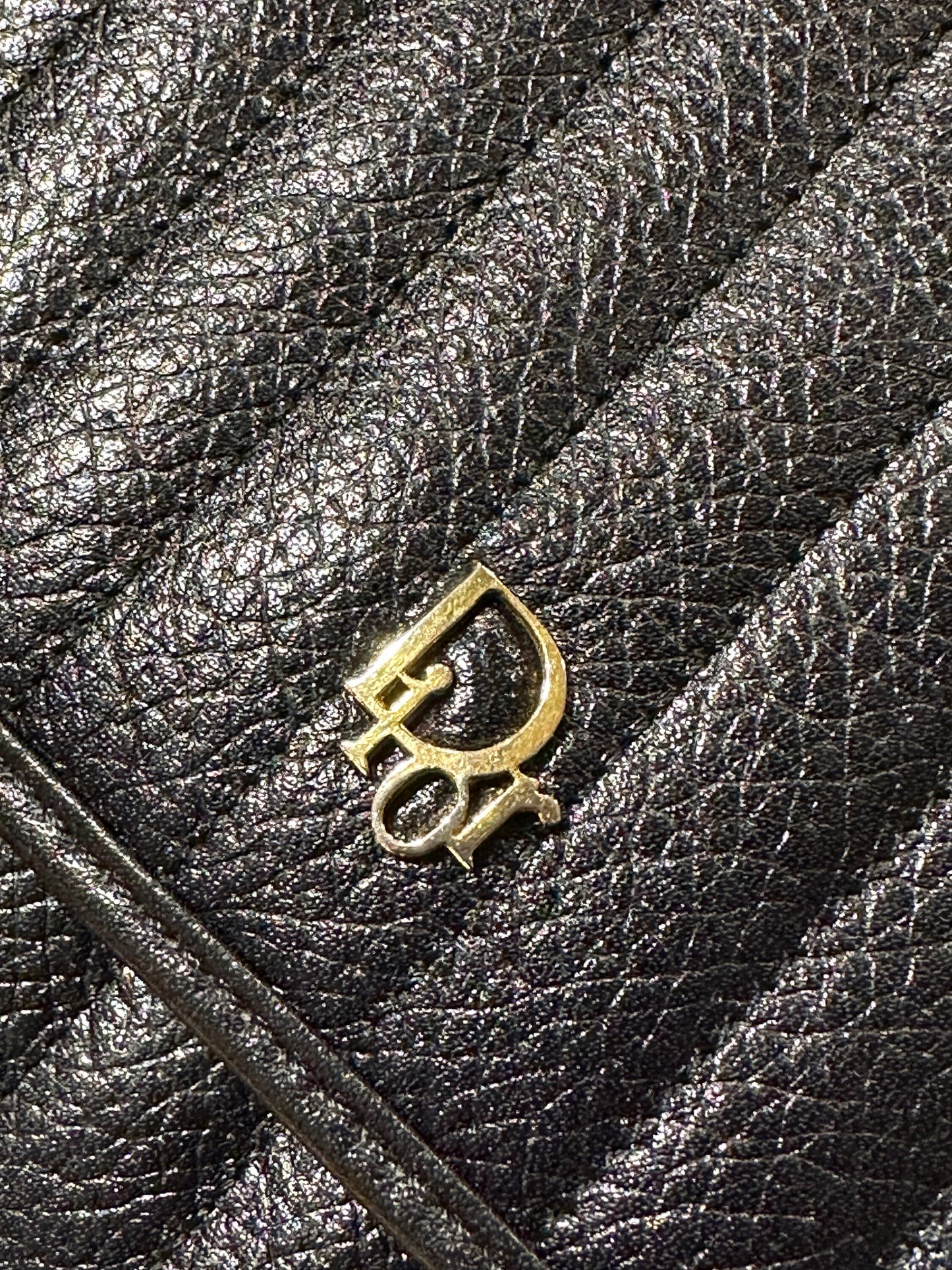 Christian DIOR VINTAGE 100% Authentic Genuine, Leather Two Way Golden Chain Hand Bag / Clutch, Black Leather, 1980's, Grade AB