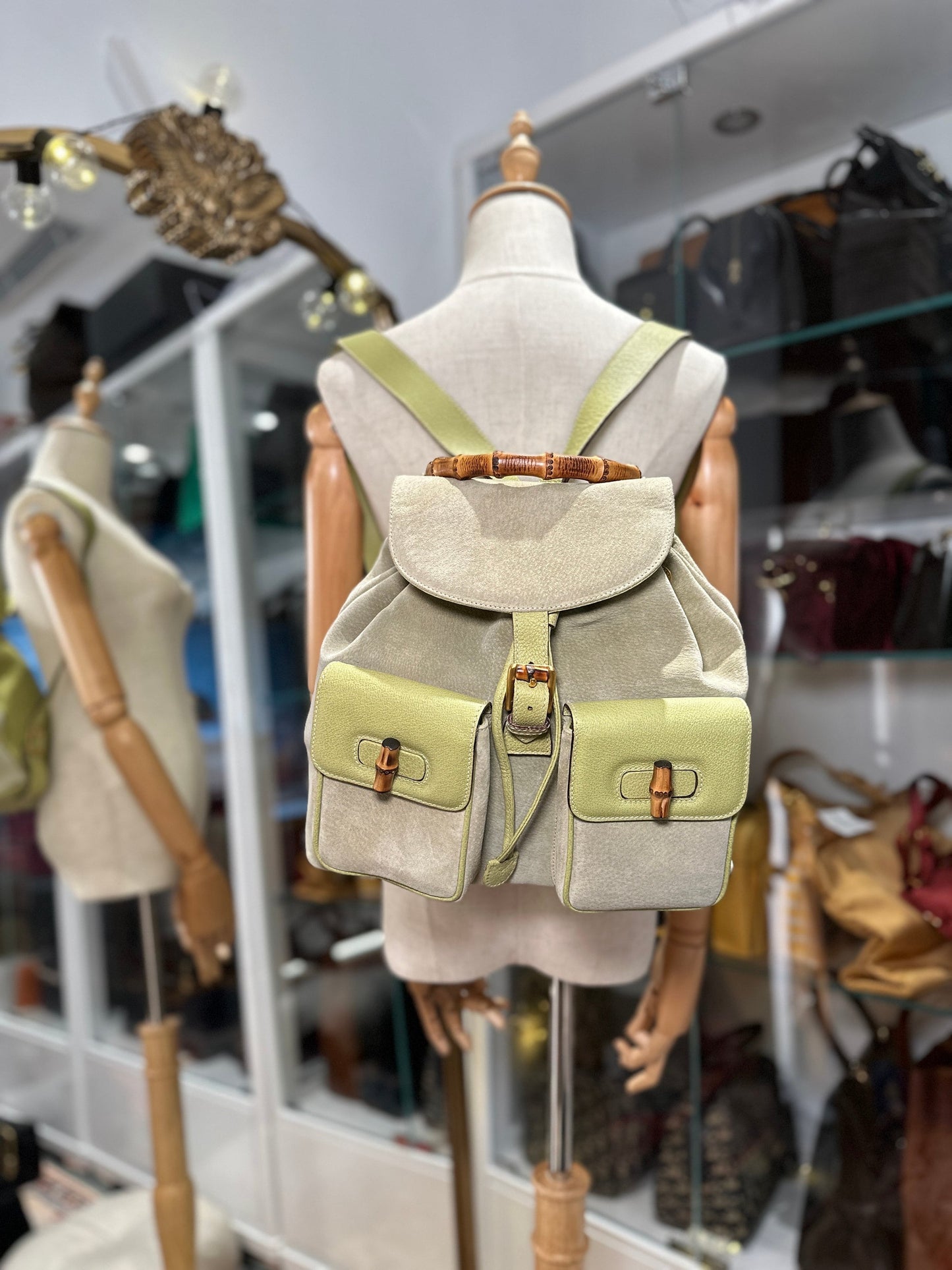 GUCCI VINTAGE 100% Authentic Genuine Suede Iconic Bamboo Handle Backpack, Light Sage Green, 2000's, Good Condition