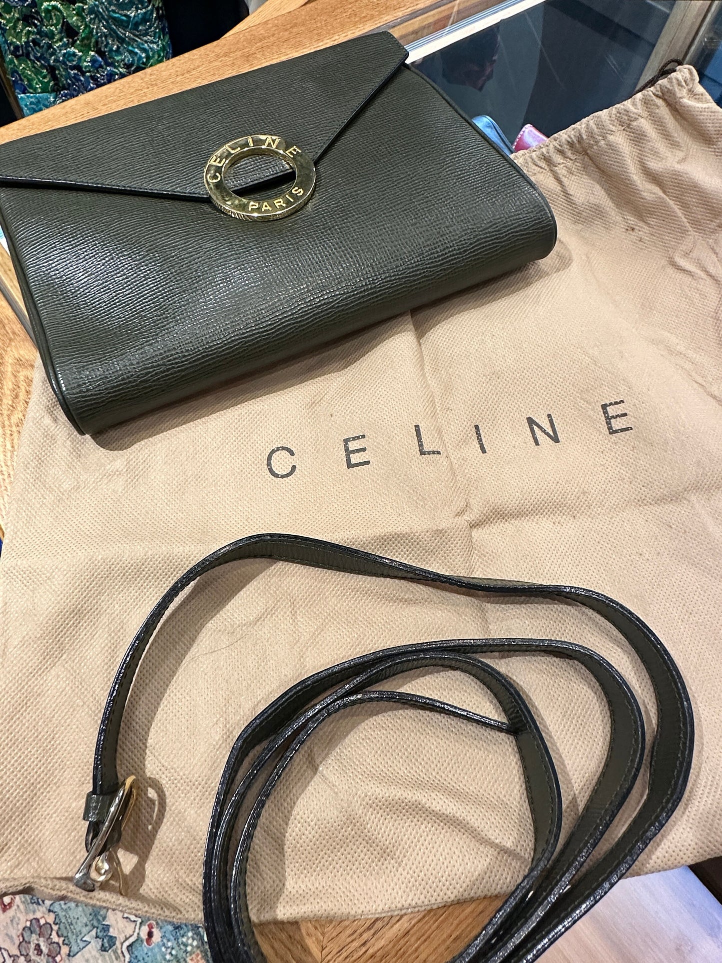 CELINE VINTAGE 100% Authentic Genuine, Leather Clutch Two Way Cross Body Bag, Deep Sage Green, 1990's, Great Condition, Grade AB