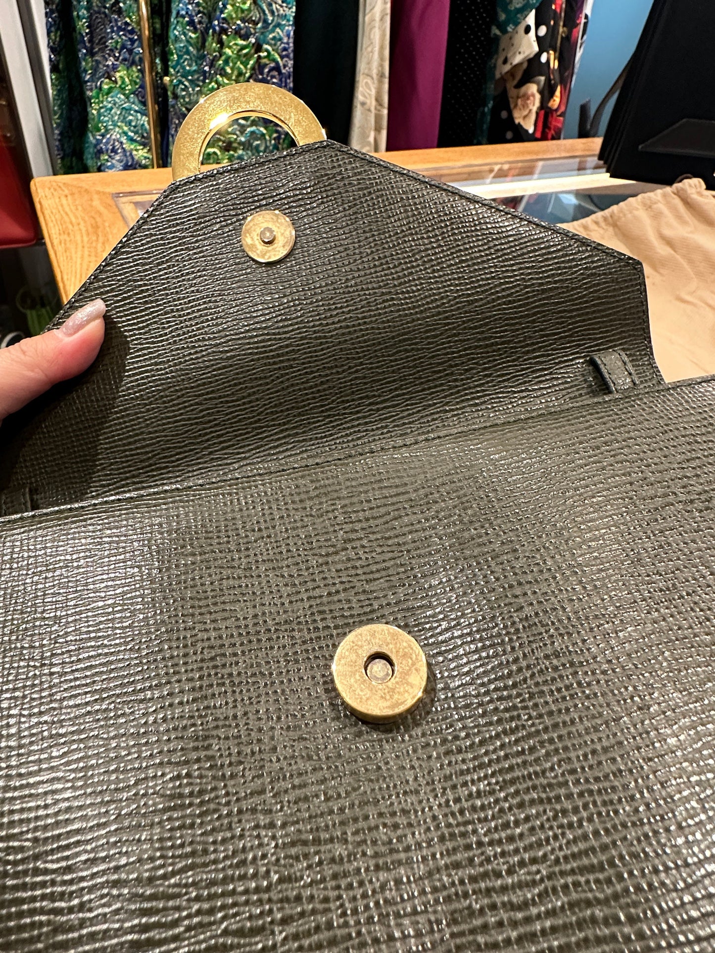 CELINE VINTAGE 100% Authentic Genuine, Leather Clutch Two Way Cross Body Bag, Deep Sage Green, 1990's, Great Condition, Grade AB