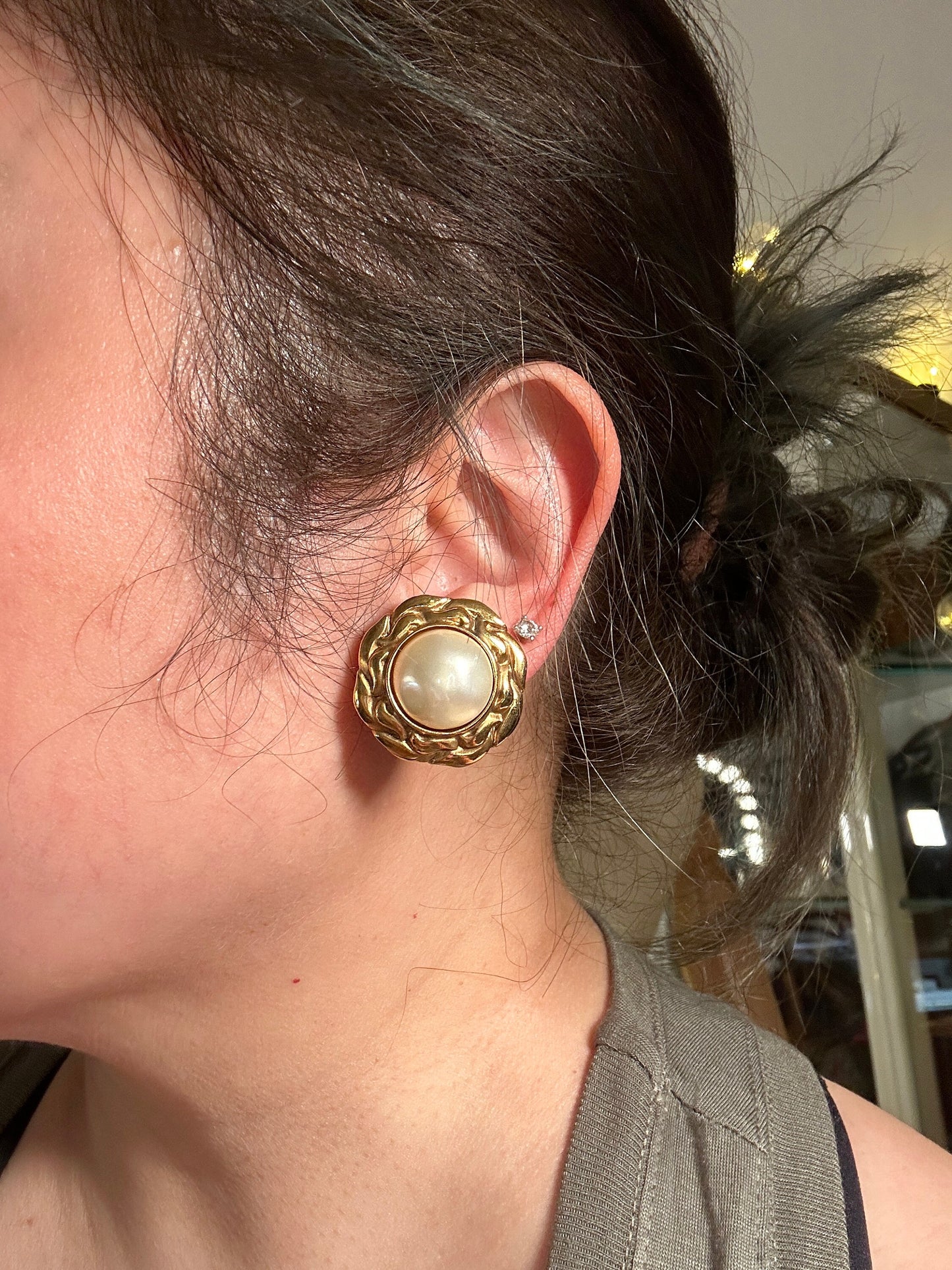 CHANEL VINTAGE 100% Authentic Genuine Faux Pearl Clip On Logo Earrings in Gold, Made In France, Mark 24, 1984 - 1992, Grade A