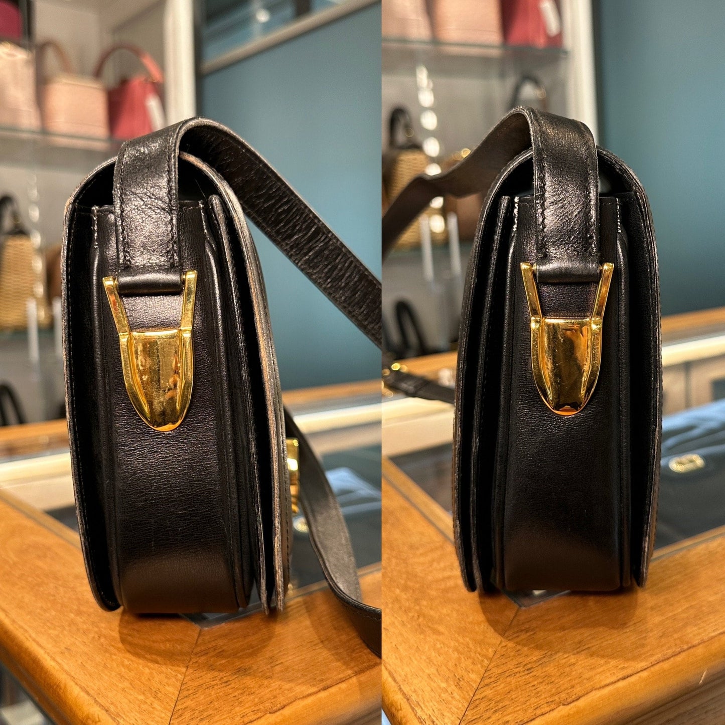 GUCCI VINTAGE 100% Authentic Genuine, Wood Embellished Turn Lock Shoulder Bag, Early 1980's, Black, Grade B