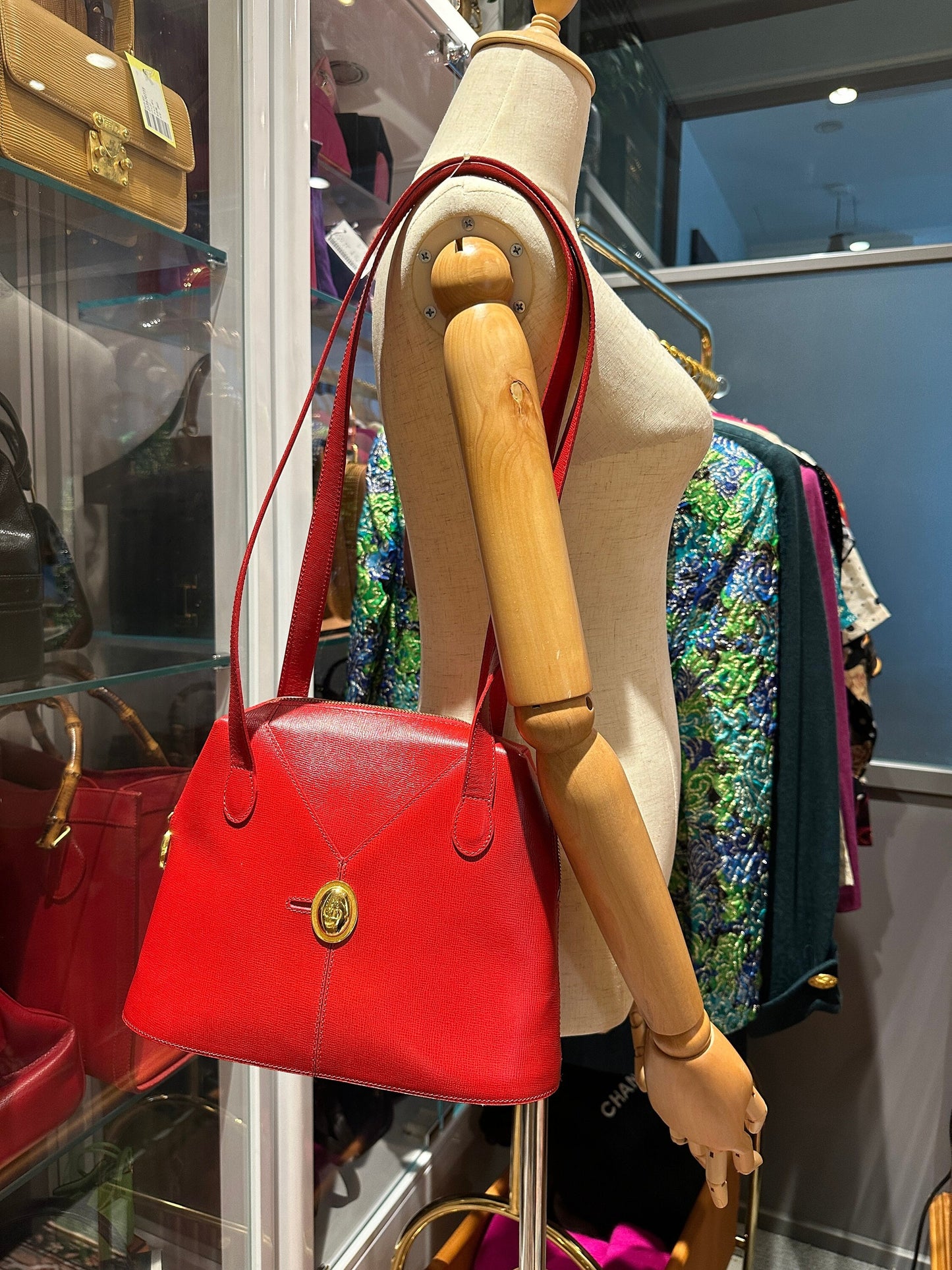 CHRISTIAN DIOR VINTAGE 100% Authentic Genuine Leather Double Straps Shoulder Bag, Red, 1990's, Good Condition